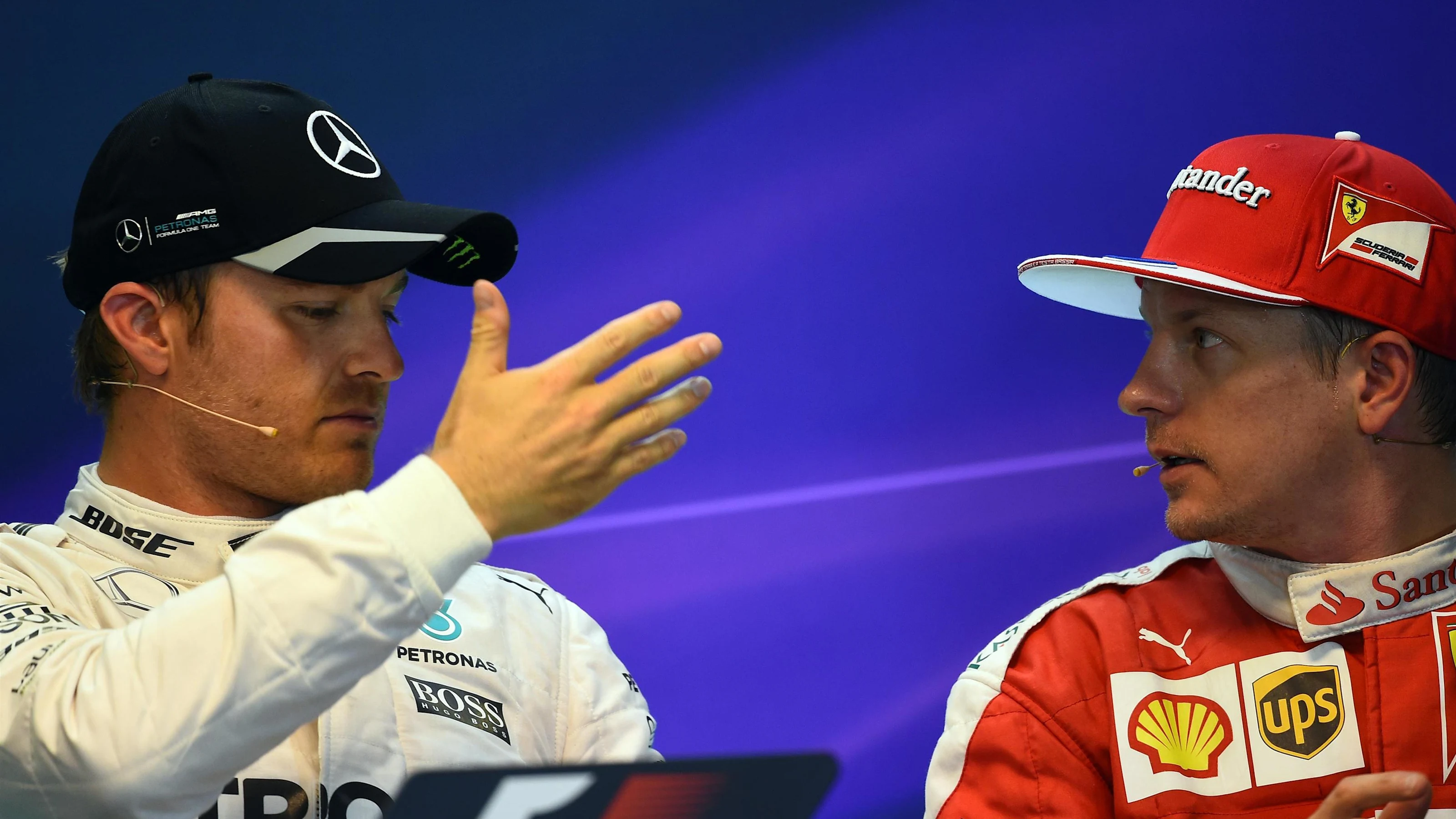Pole sitter Nico Rosberg (GER) Mercedes AMG F1 and Kimi Raikkonen (FIN) Ferrari in the Press