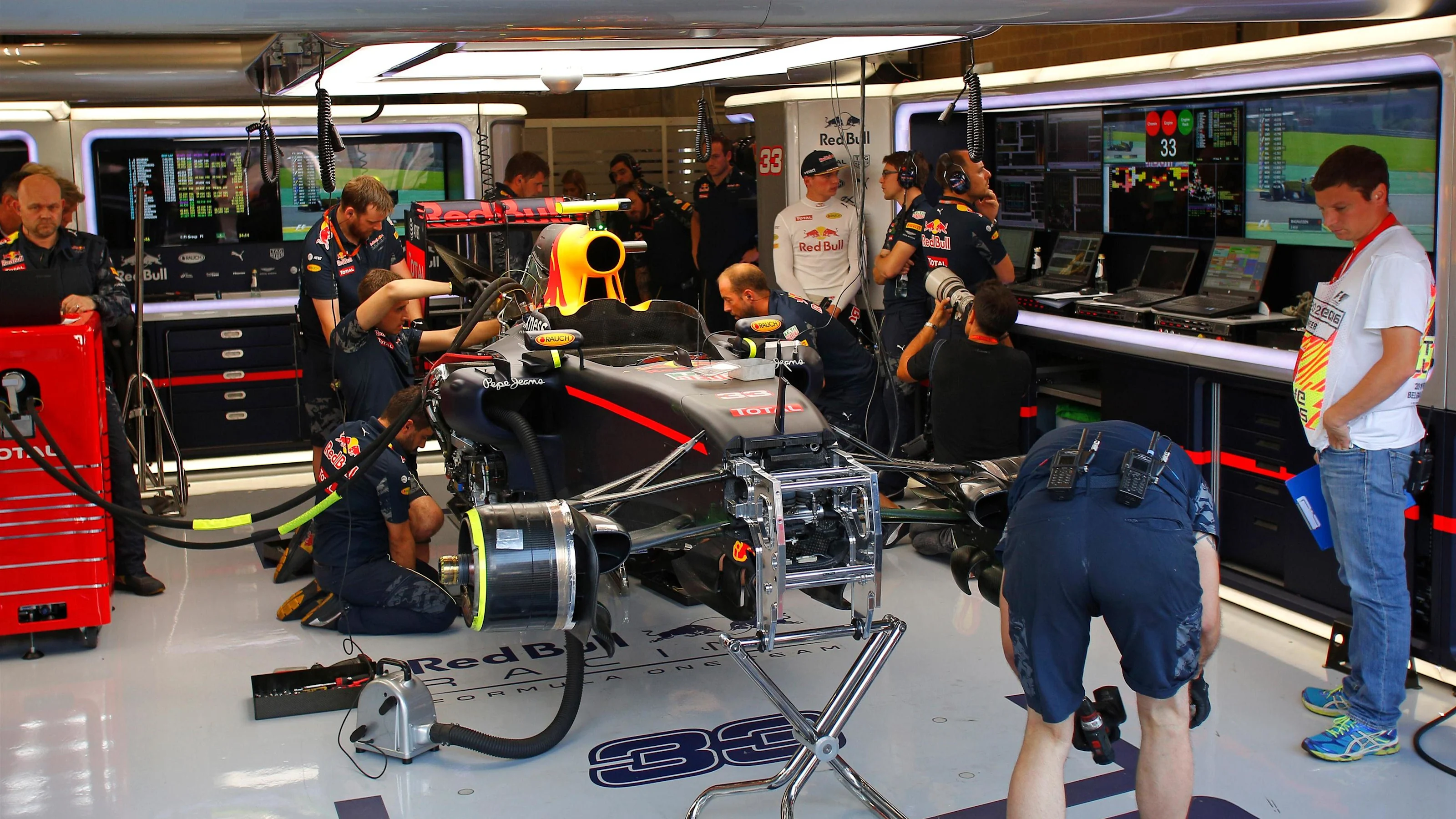 Max Verstappen (NED) Red Bull Racing RB12 in the garage in FP3 at Formula One World Championship,