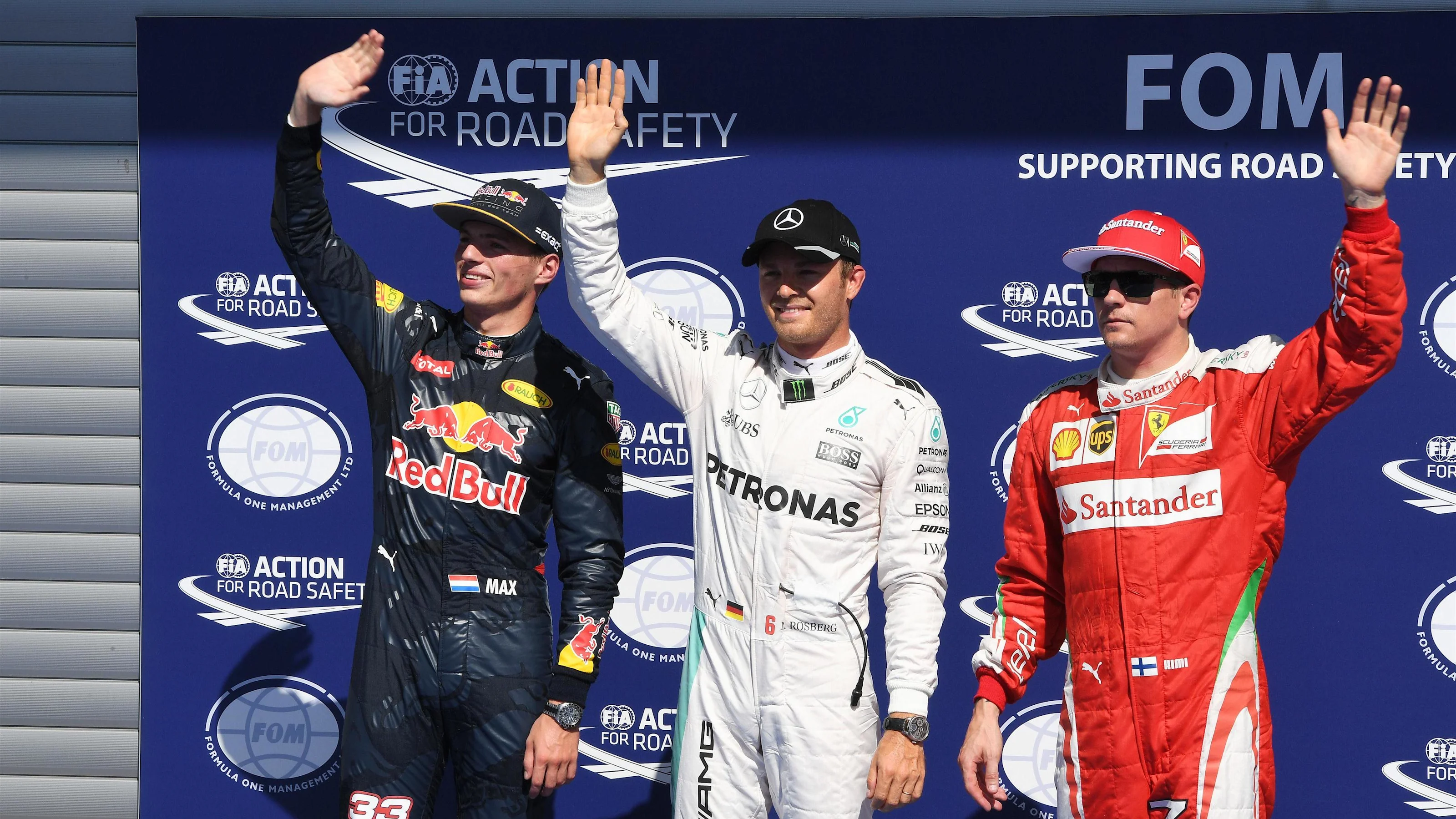 (L to R): Max Verstappen (NED) Red Bull Racing, pole sitter Nico Rosberg (GER) Mercedes AMG F1 and