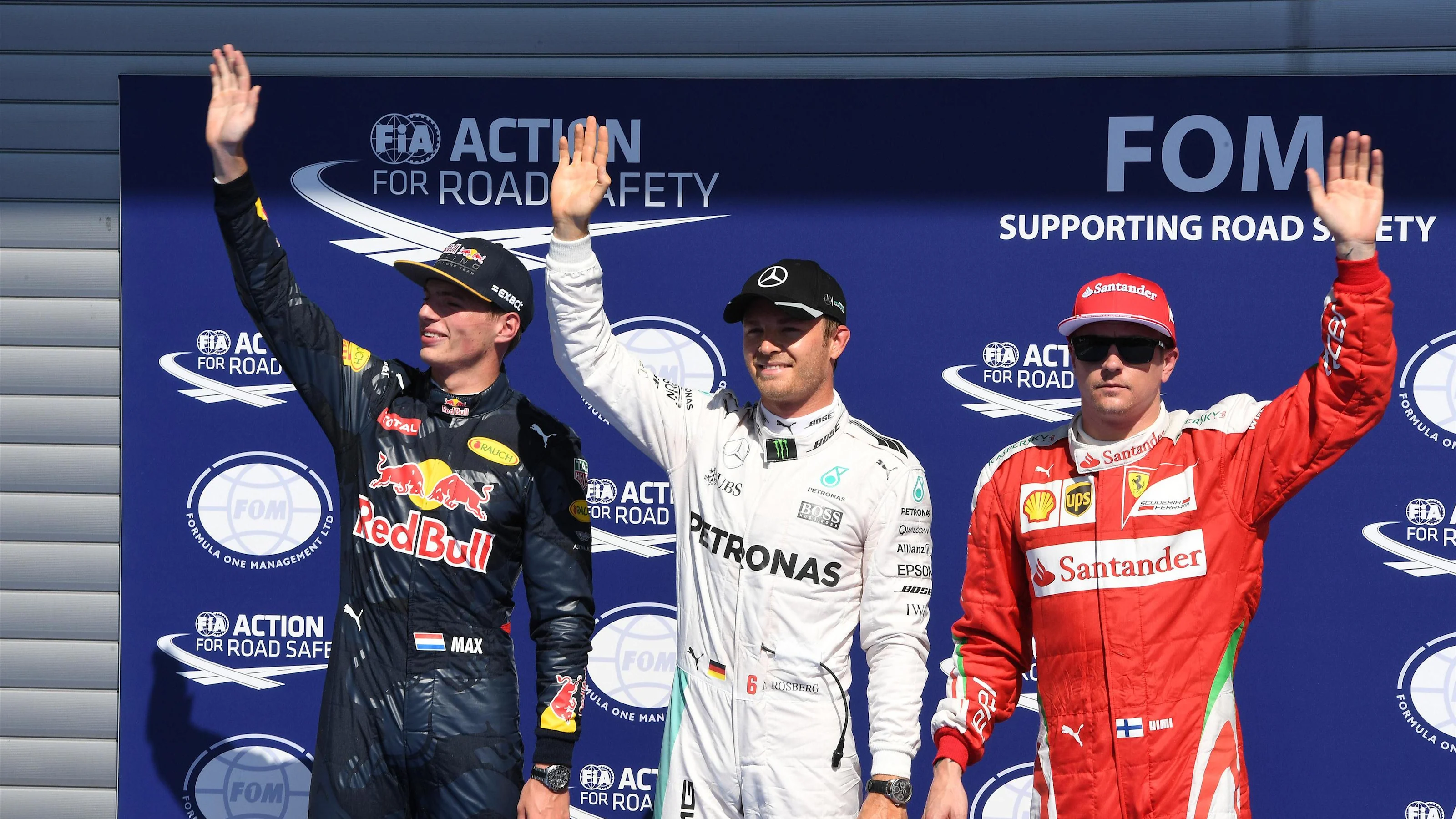 (L to R): Max Verstappen (NED) Red Bull Racing, pole sitter Nico Rosberg (GER) Mercedes AMG F1 and
