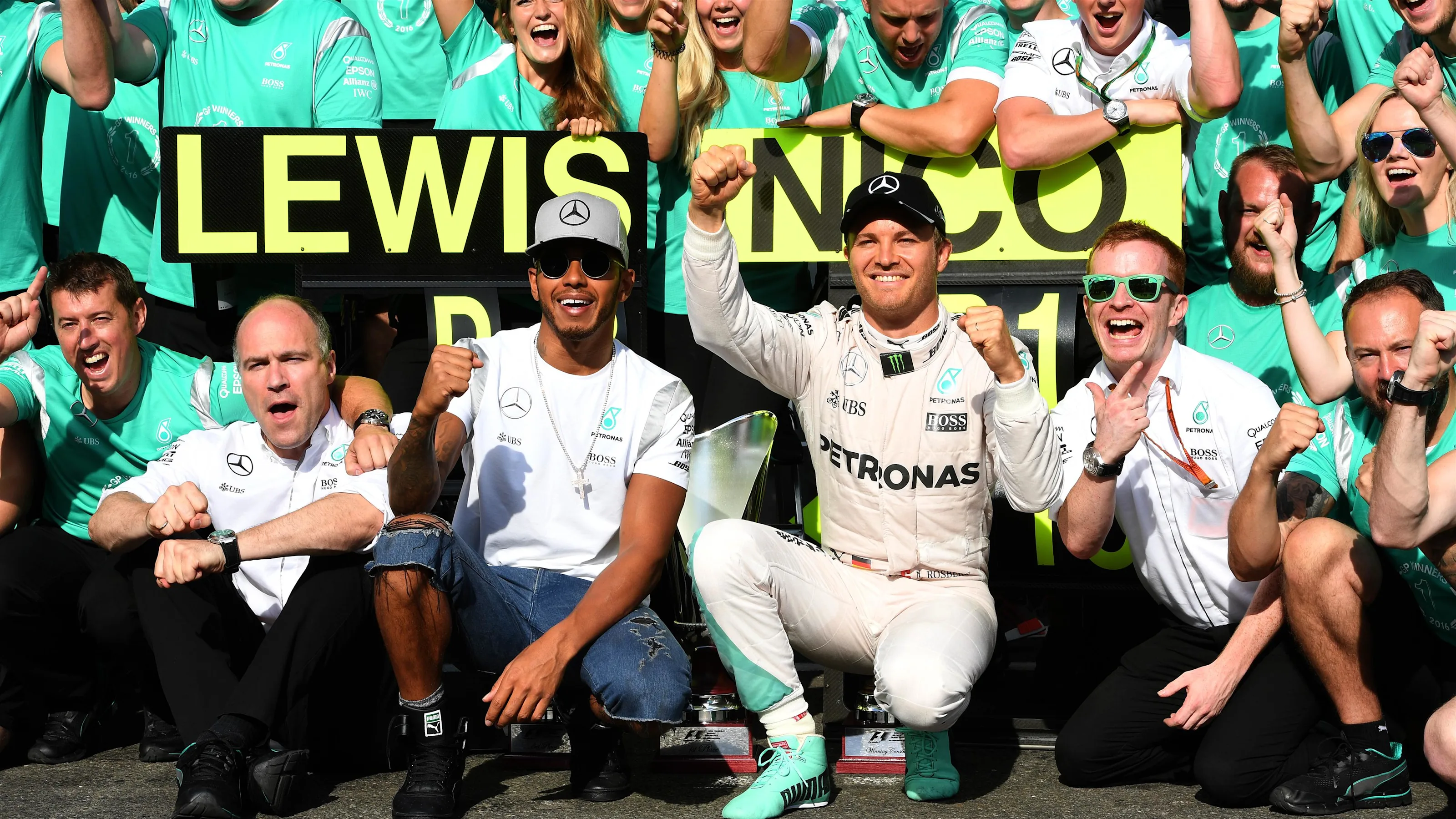Race winner Nico Rosberg (GER) Mercedes AMG F1 celebrates with Lewis Hamilton (GBR) Mercedes AMG F1