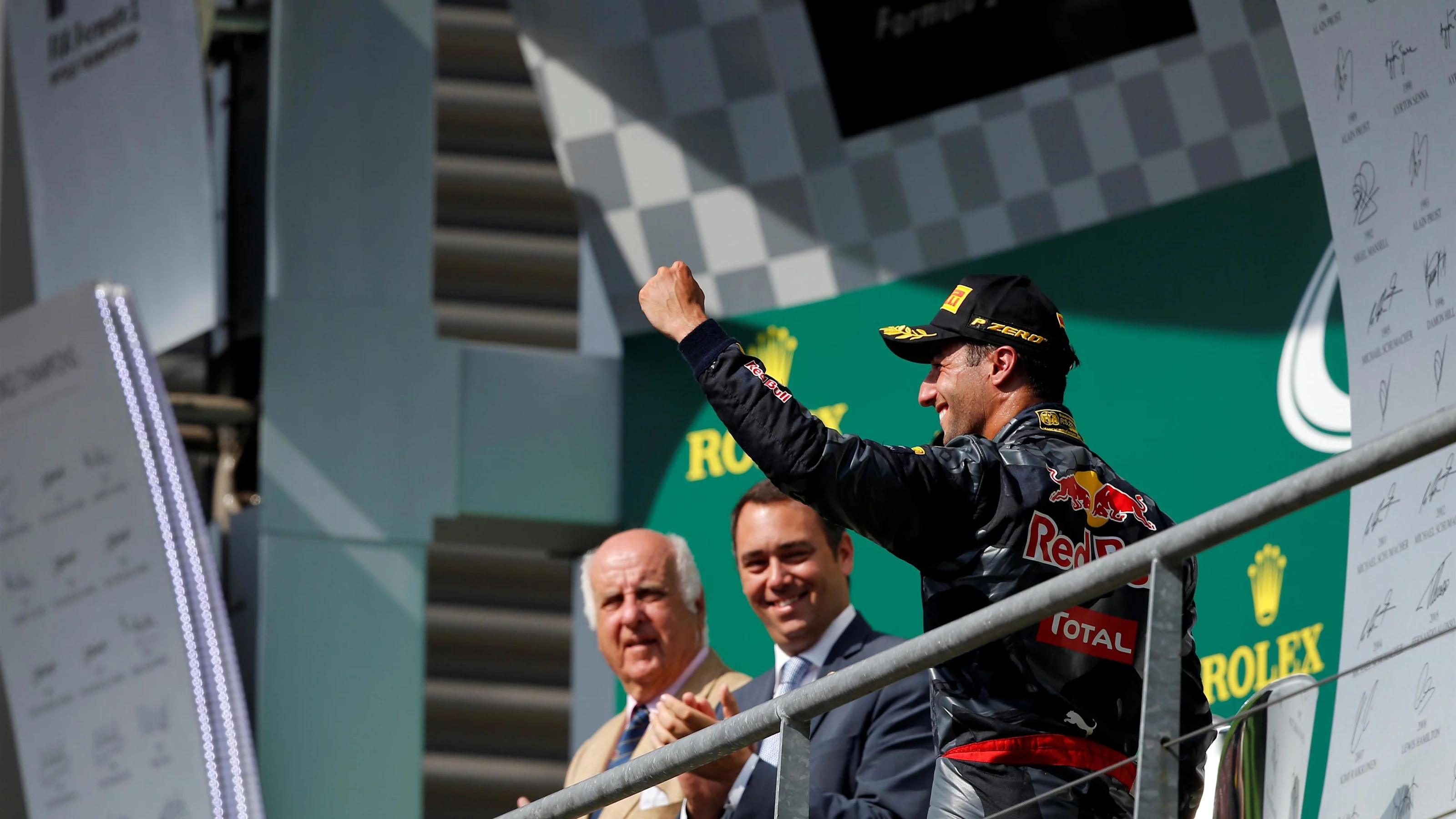 Daniel Ricciardo (AUS) Red Bull Racing celebrates on the podium at Formula One World Championship,