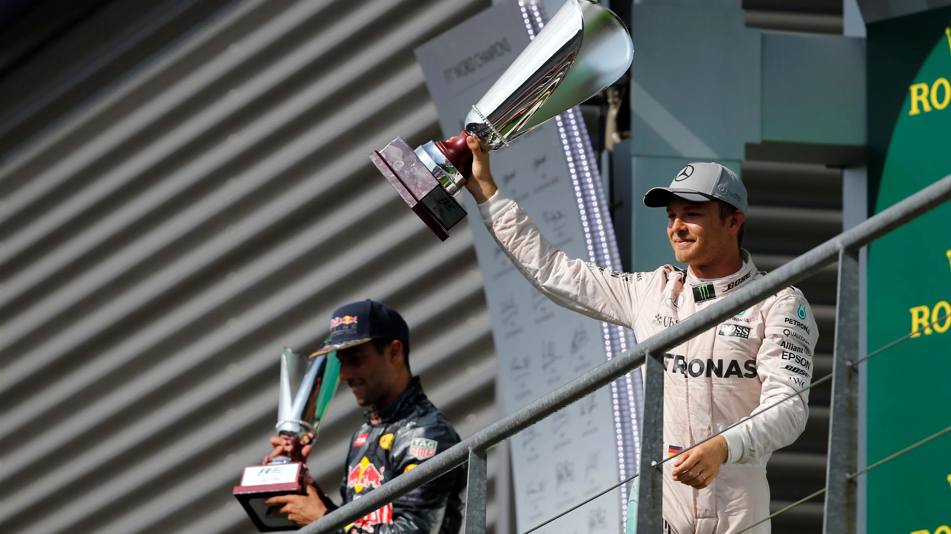 Race winner Nico Rosberg (GER) Mercedes AMG F1 and Daniel Ricciardo (AUS) Red Bull Racing celebrate
