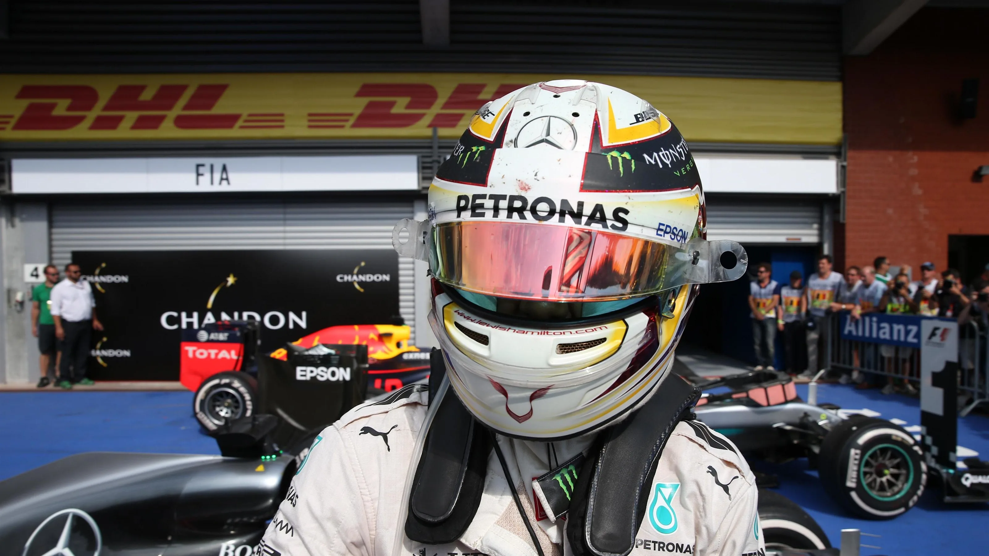 Lewis Hamilton (GBR) Mercedes AMG F1 celebrates on Parc ferme at Formula One World Championship,