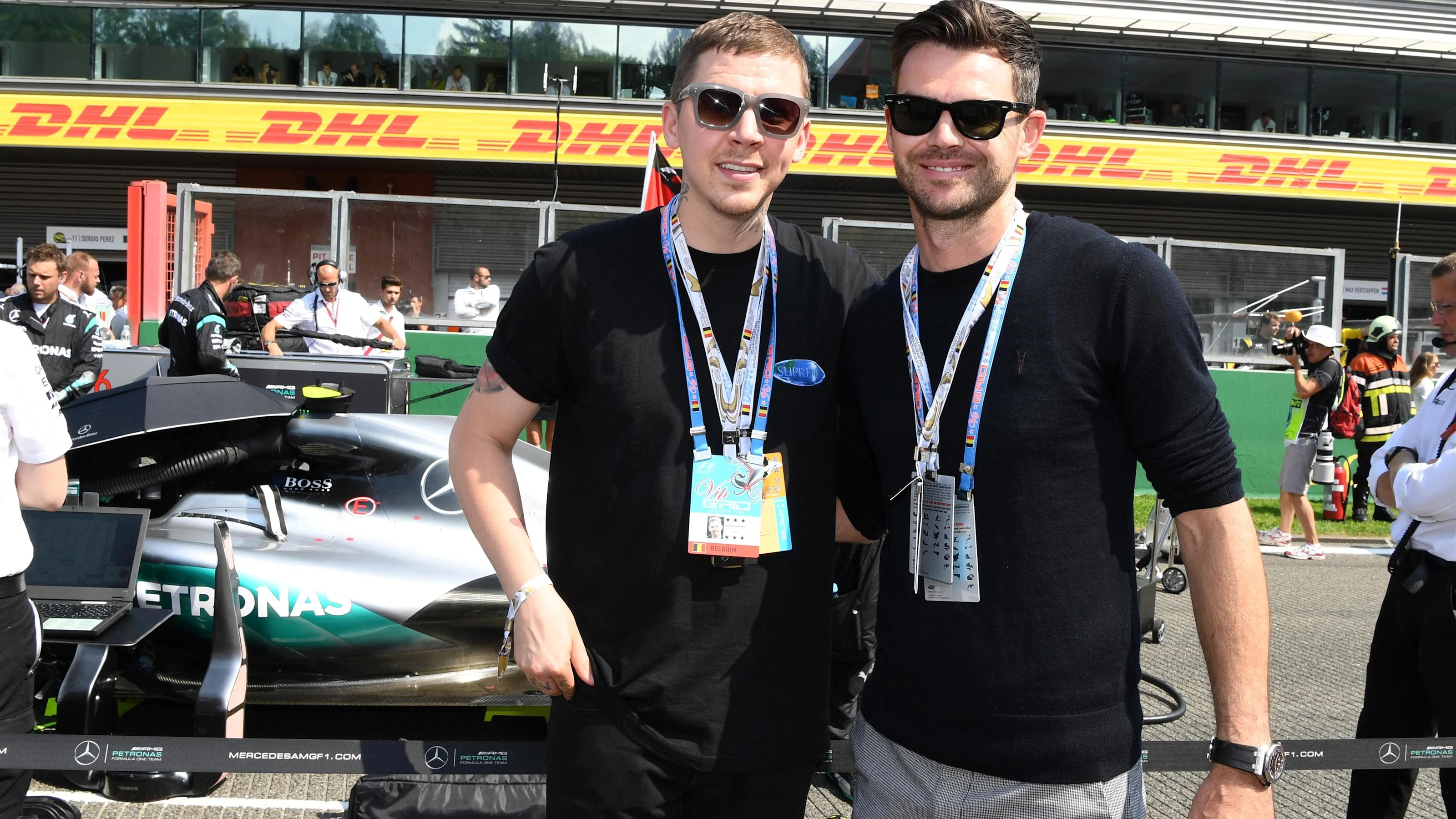 Professor Green (GBR) and James Anderson (GBR) Cricket Player on the grid at Formula One World