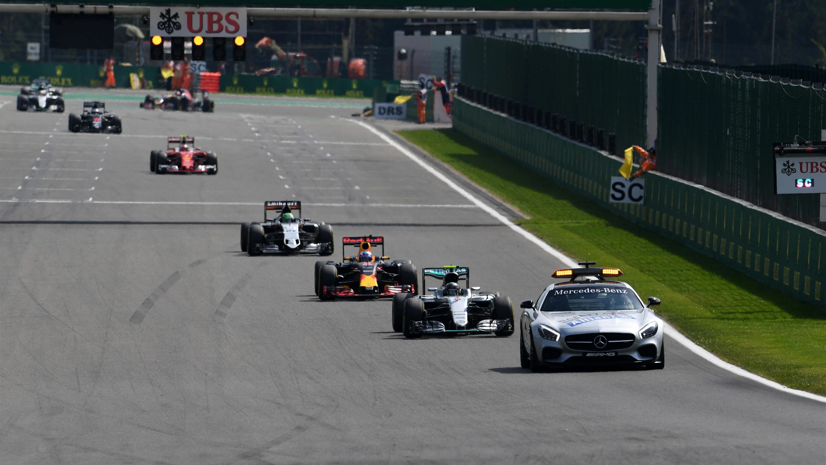 Safety car leads the field at Formula One World Championship, Rd13, Belgian Grand Prix, Race, Spa