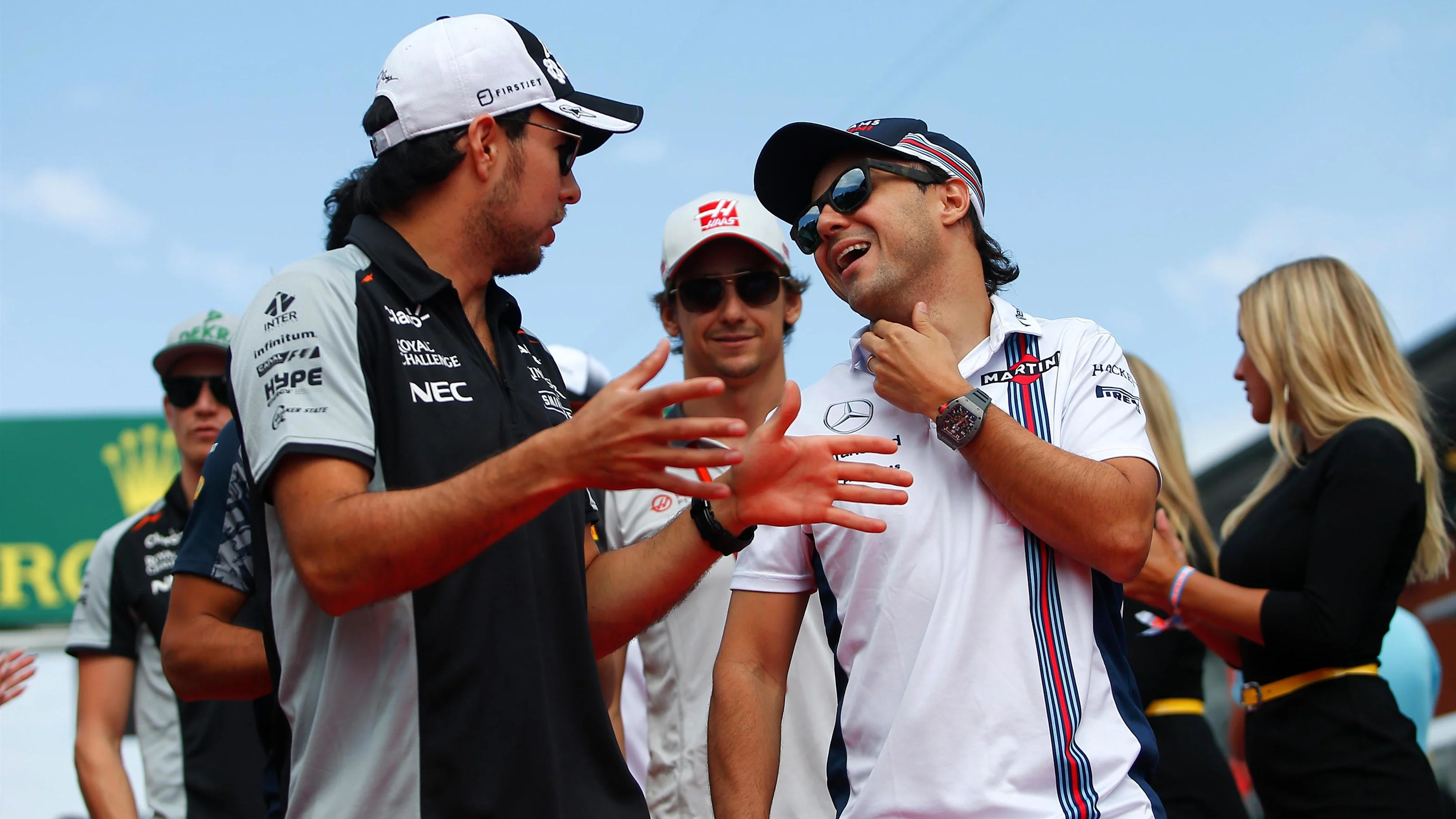 Sergio Perez (MEX) Force India and Felipe Massa (BRA) Williams on the drivers parade at Formula One