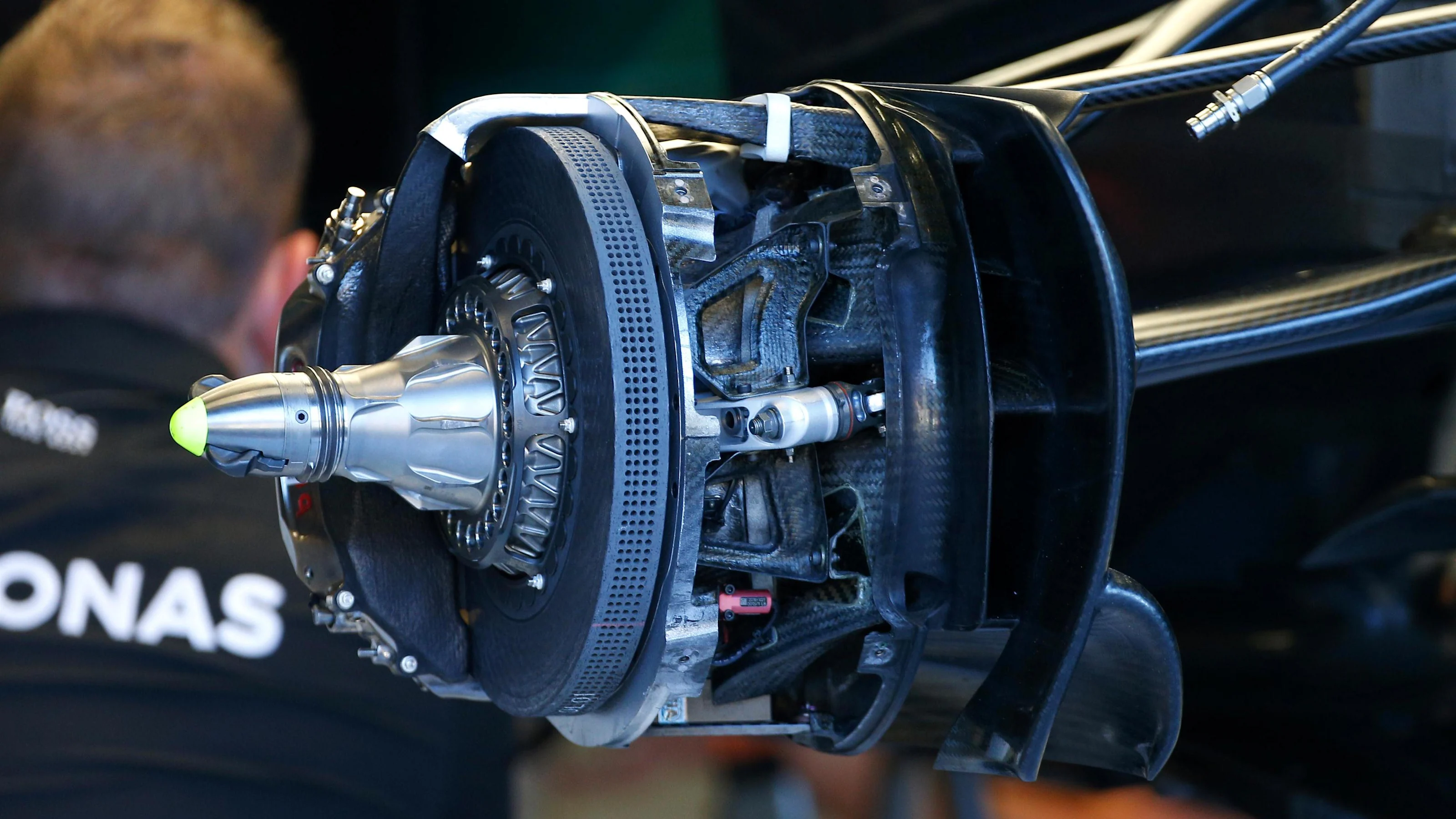 Mercedes-Benz F1 W07 Hybrid front brake and wheel hub at Formula One World Championship, Rd13,