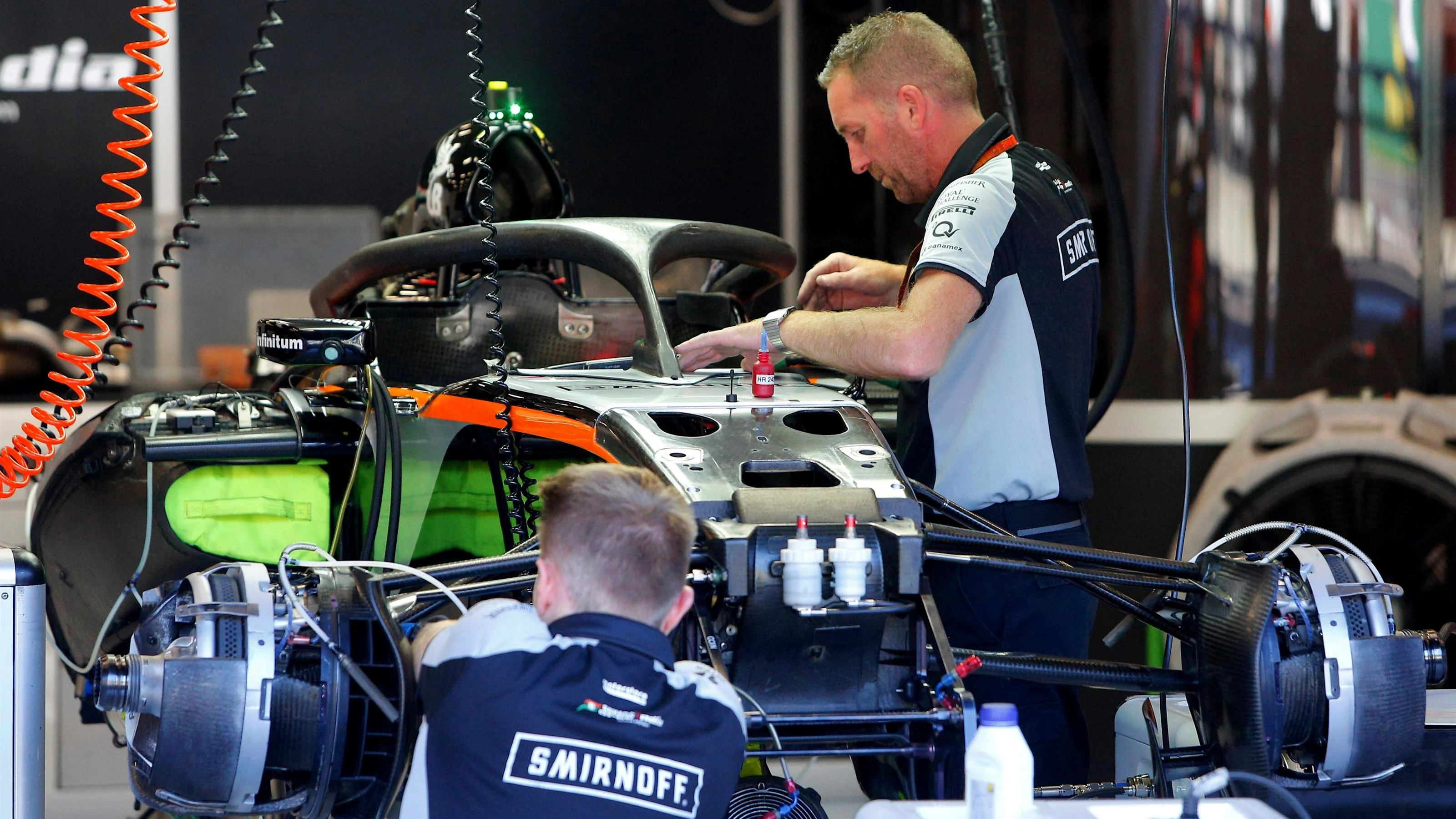 Force India VJM09 in the garage at Formula One World Championship, Rd13, Belgian Grand Prix,