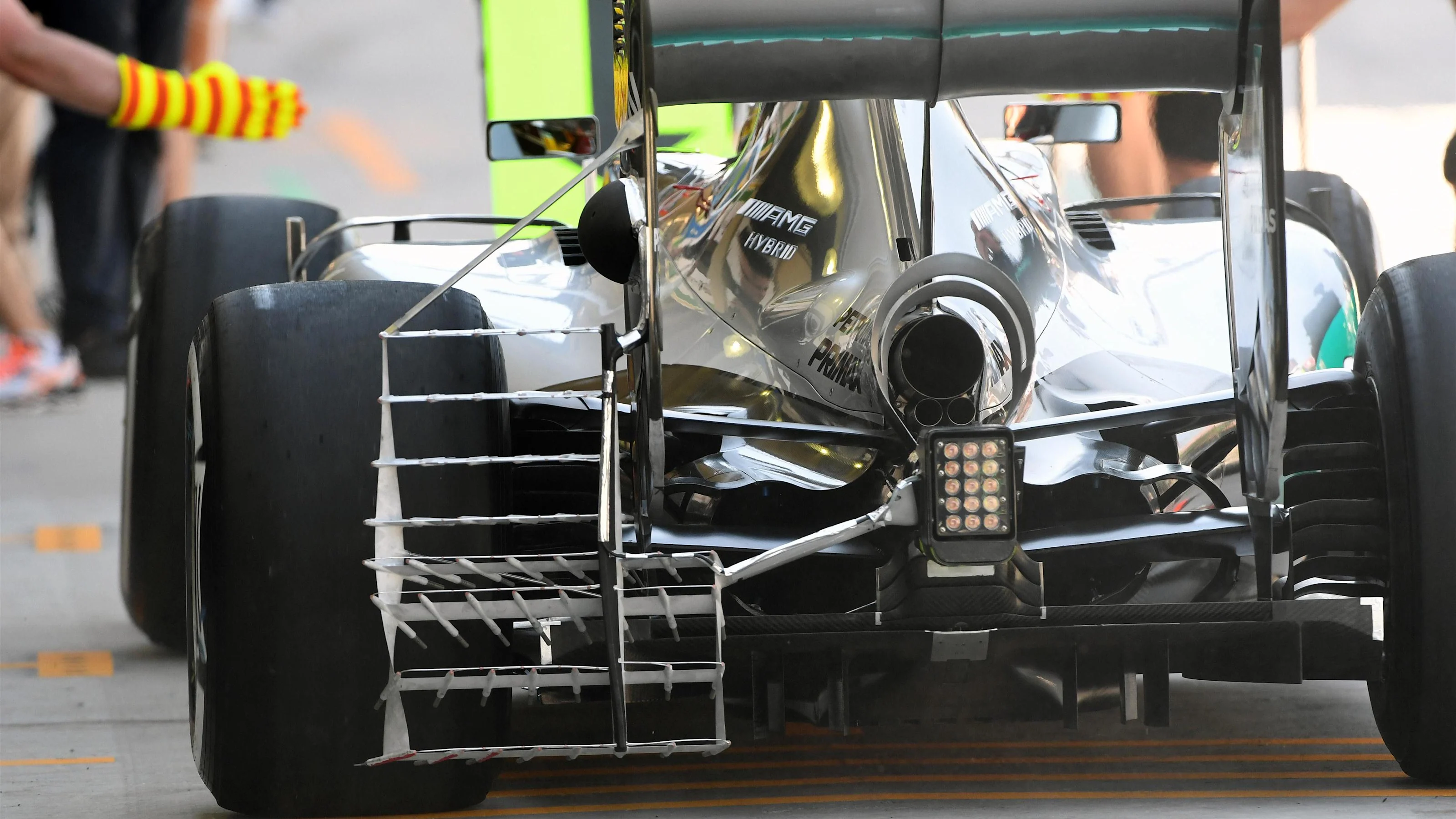 Lewis Hamilton (GBR) Mercedes-Benz F1 W07 Hybrid with aero sensor on rear wing at Formula One World