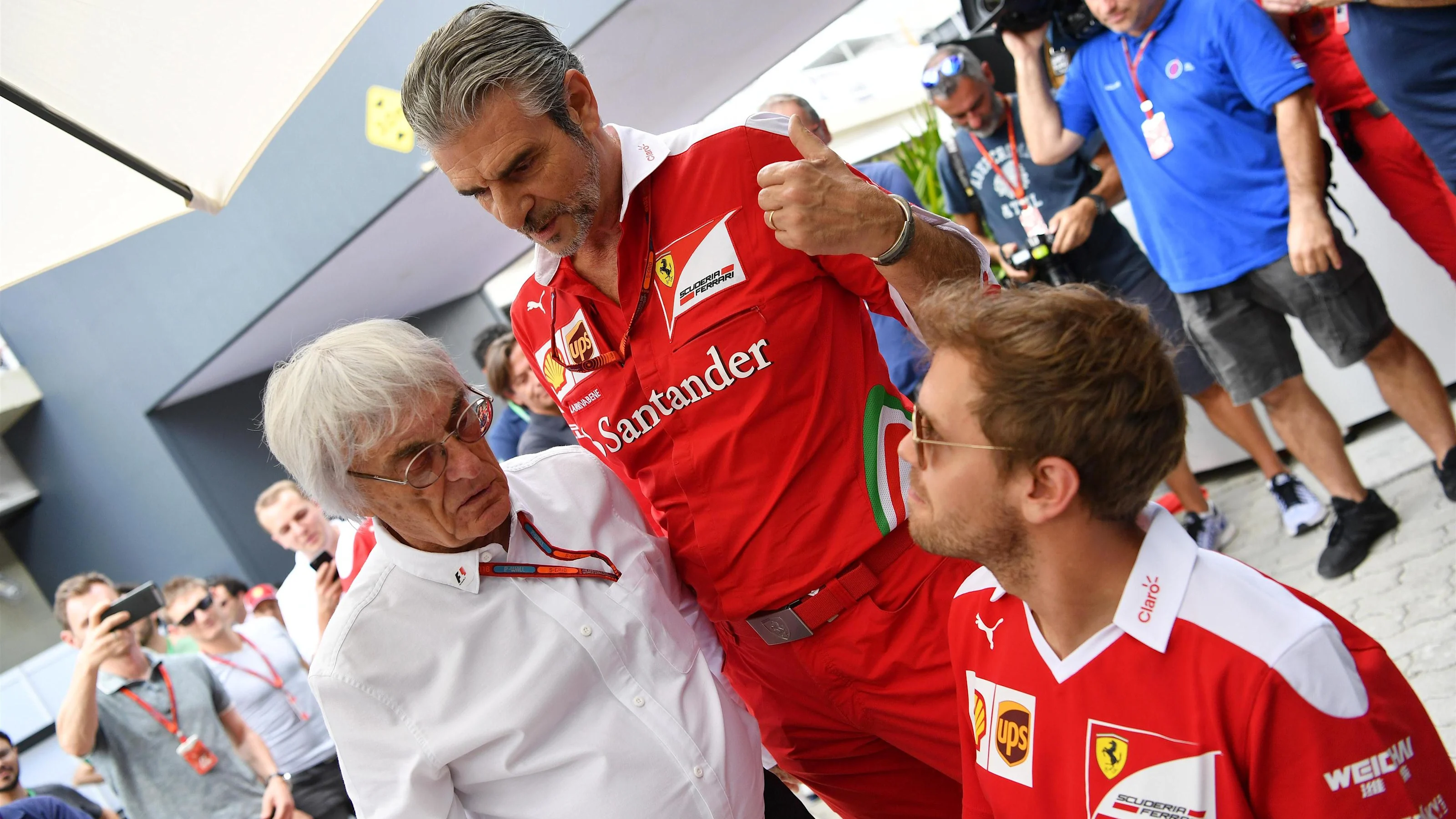Bernie Ecclestone (GBR) CEO Formula One Group (FOM), Maurizio Arrivabene (ITA) Ferrari Team