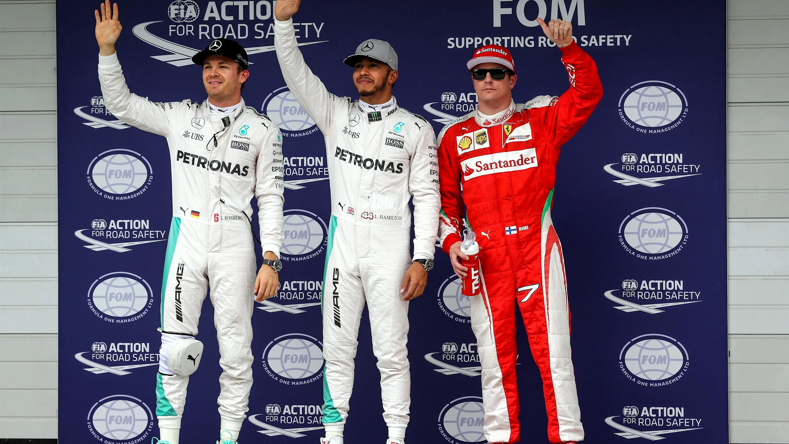 Nico Rosberg (GER) Mercedes AMG F1, pole sitter Lewis Hamilton (GBR) Mercedes AMG F1 and Kimi