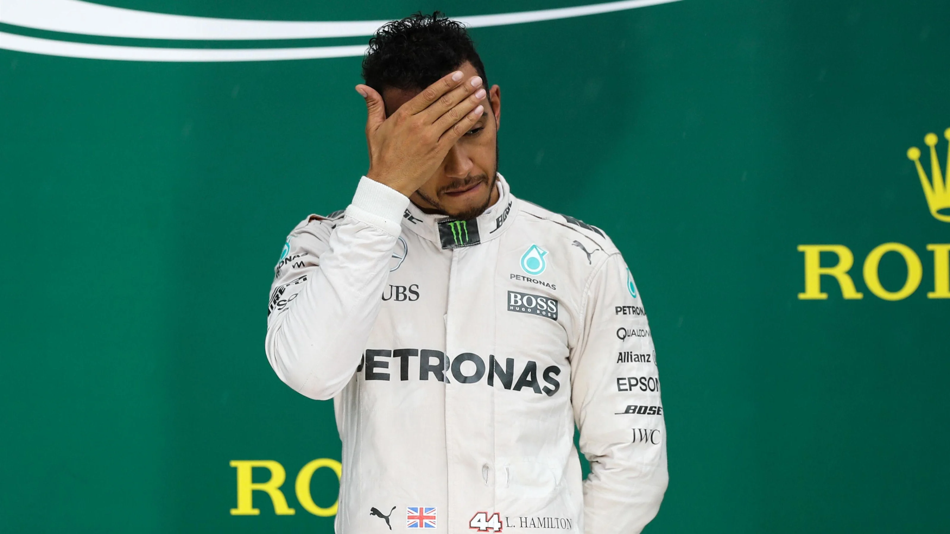 Lewis Hamilton (GBR) Mercedes AMG F1 celebrates on the podium at Formula One World Championship,