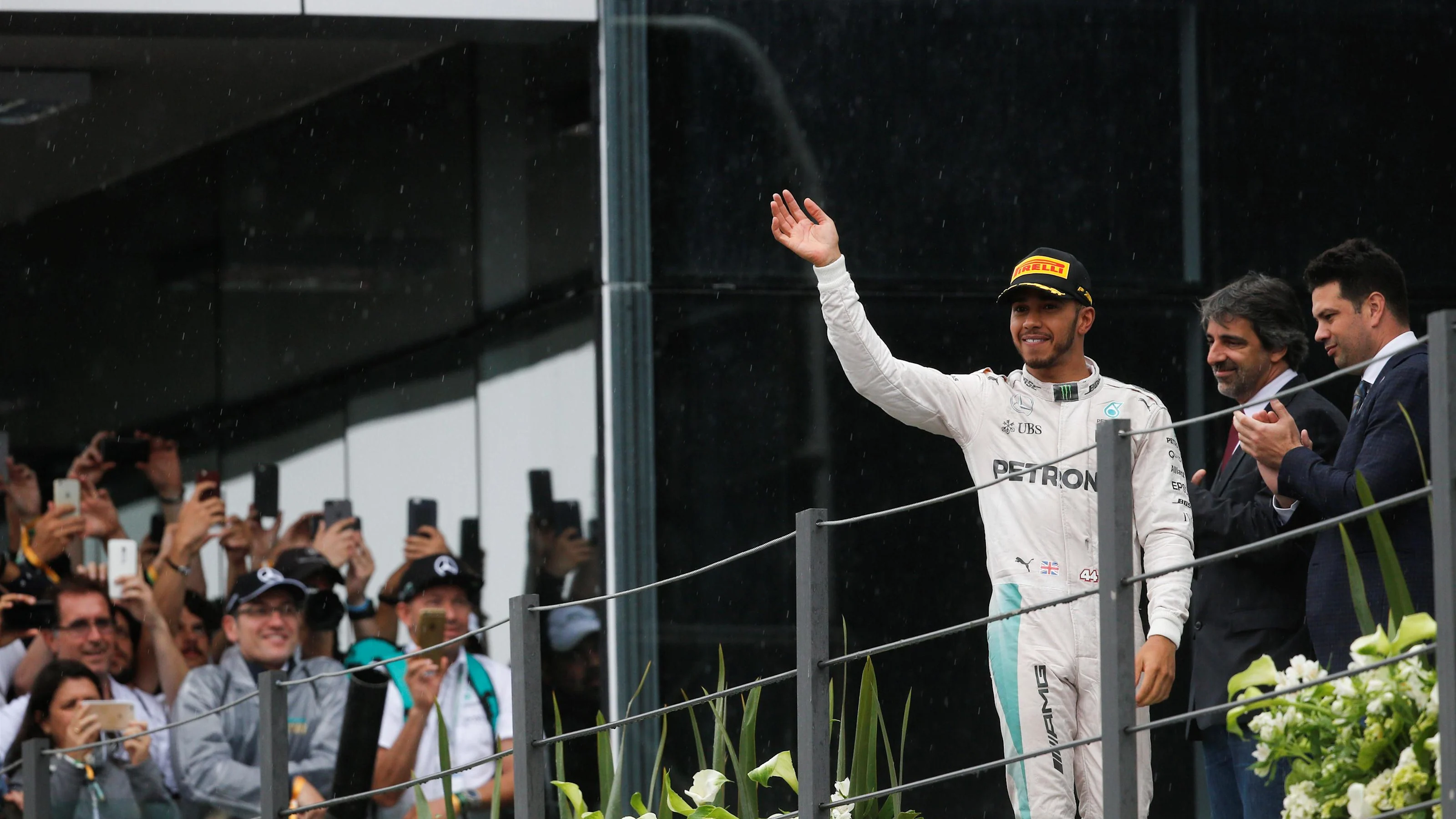 Lewis Hamilton (GBR) Mercedes AMG F1 celebrates on the podium at Formula One World Championship,