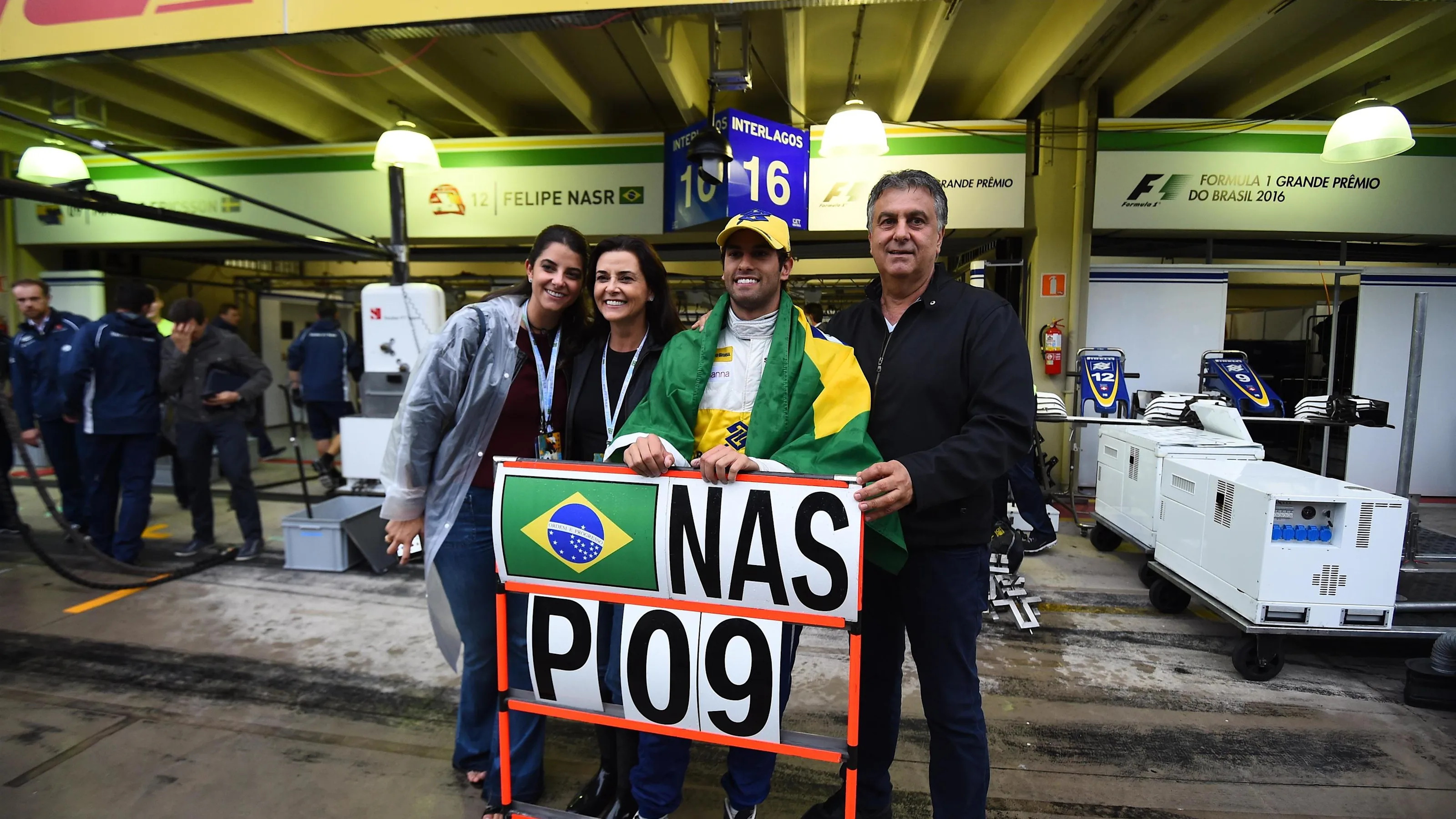 Felipe Nasr (BRA) Sauber celebrates with friends at Formula One World Championship, Rd20, Brazilian