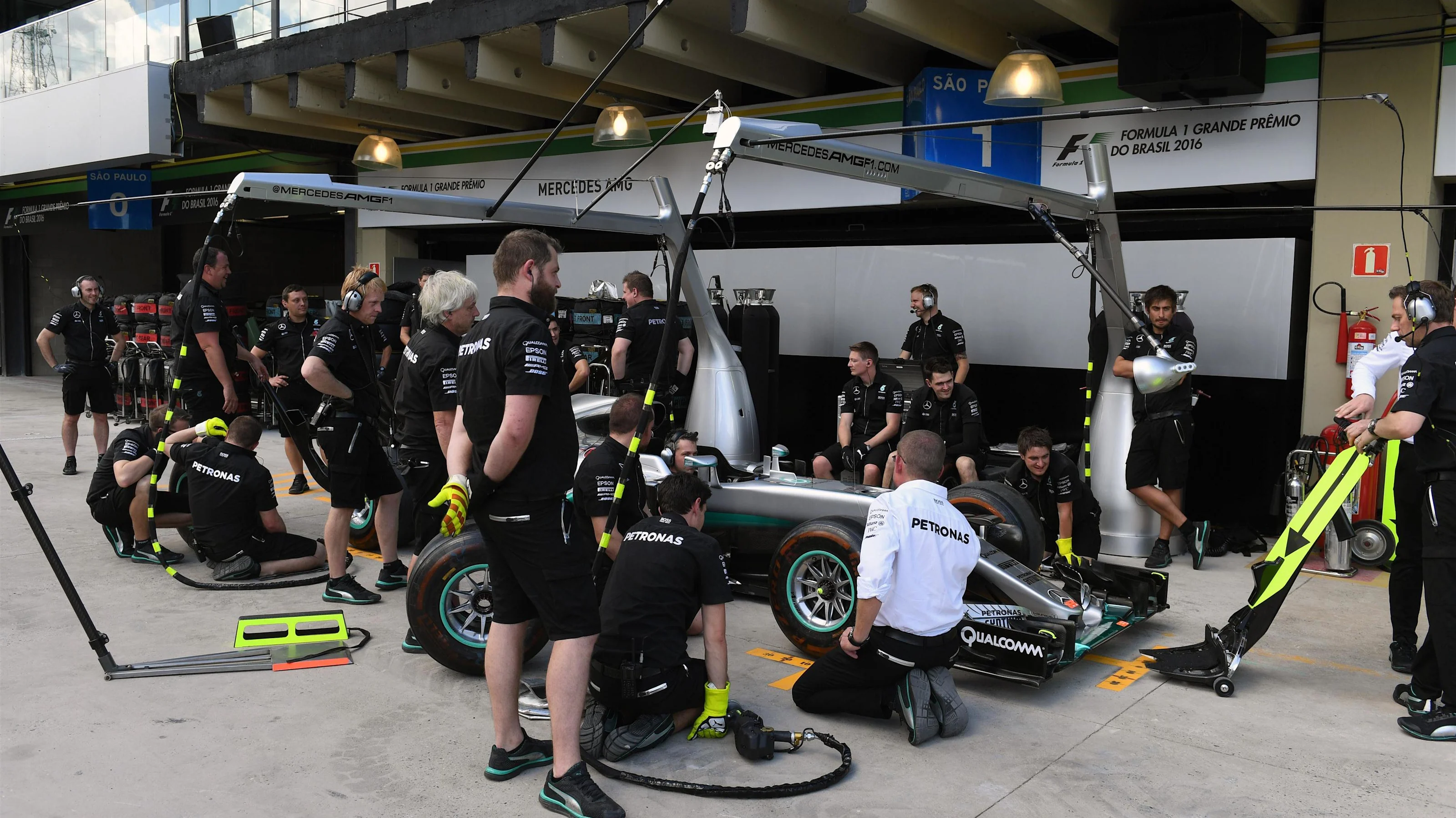 Mercedes AMG F1 practice pit stops at Formula One World Championship, Rd20, Brazilian Grand Prix,