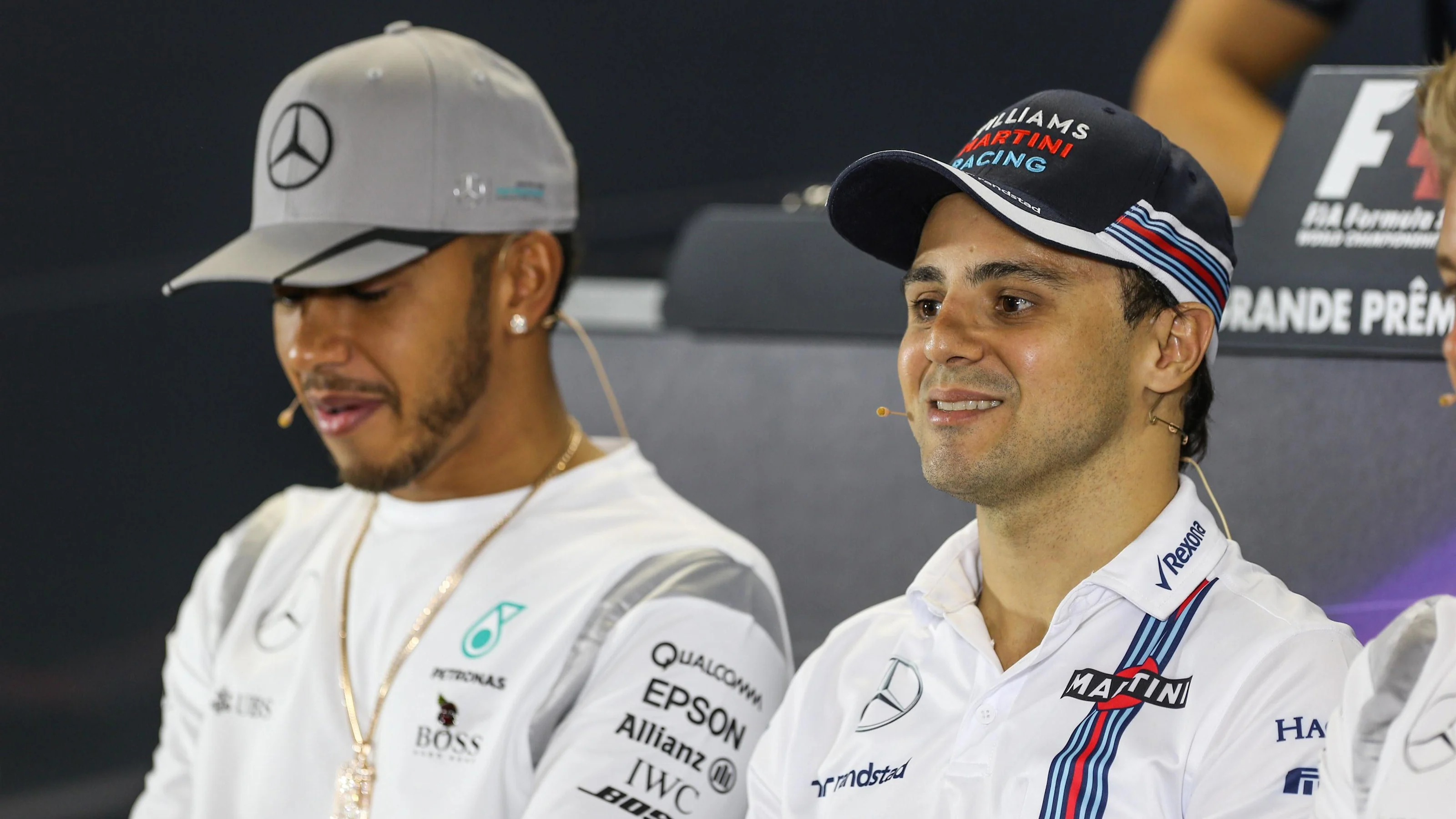Lewis Hamilton (GBR) Mercedes AMG F1 and Felipe Massa (BRA) Williams in the Press Conference at