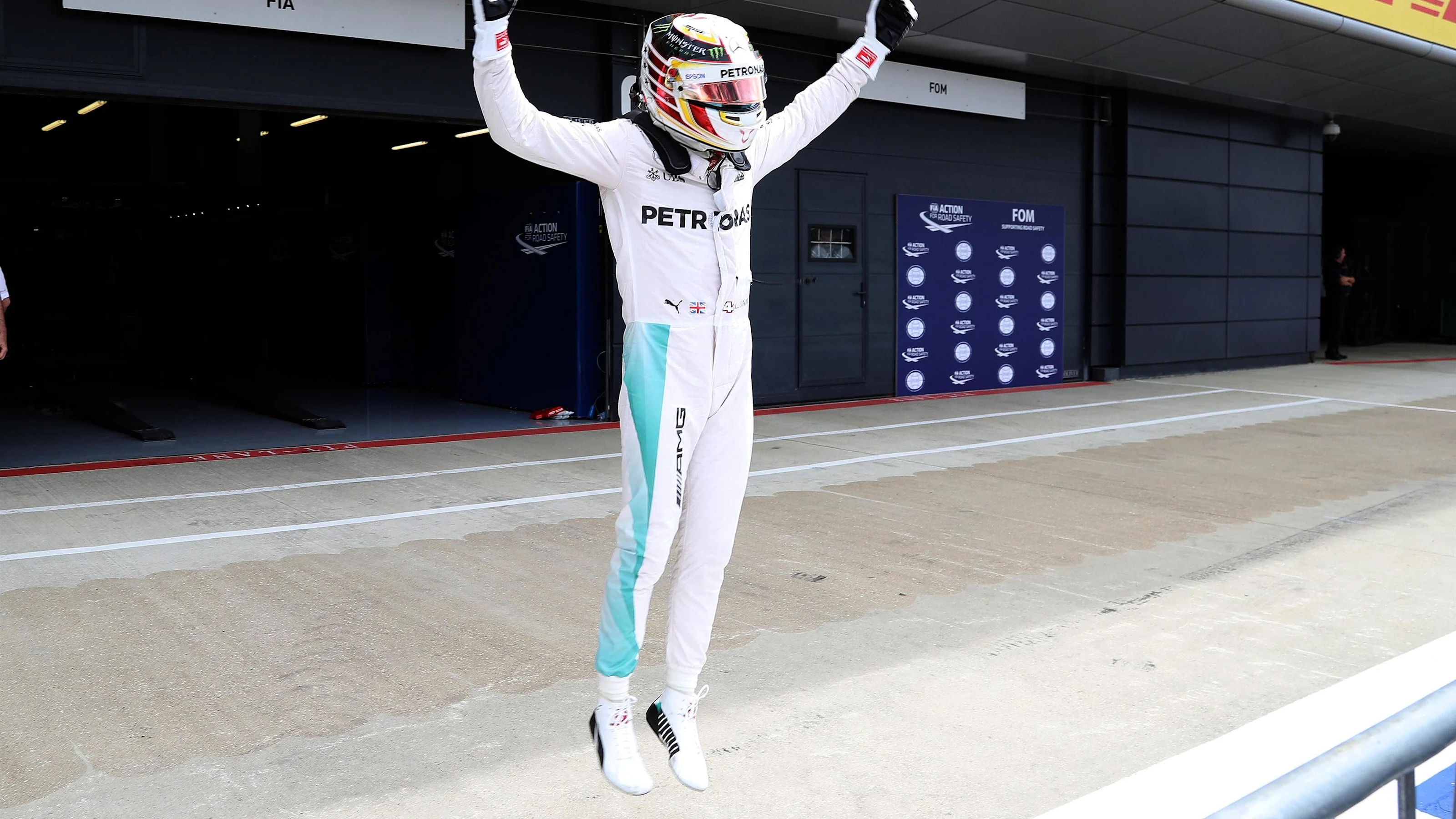 Pole sitter Lewis Hamilton (GBR) Mercedes AMG F1 celebrates in parc ferme at Formula One World