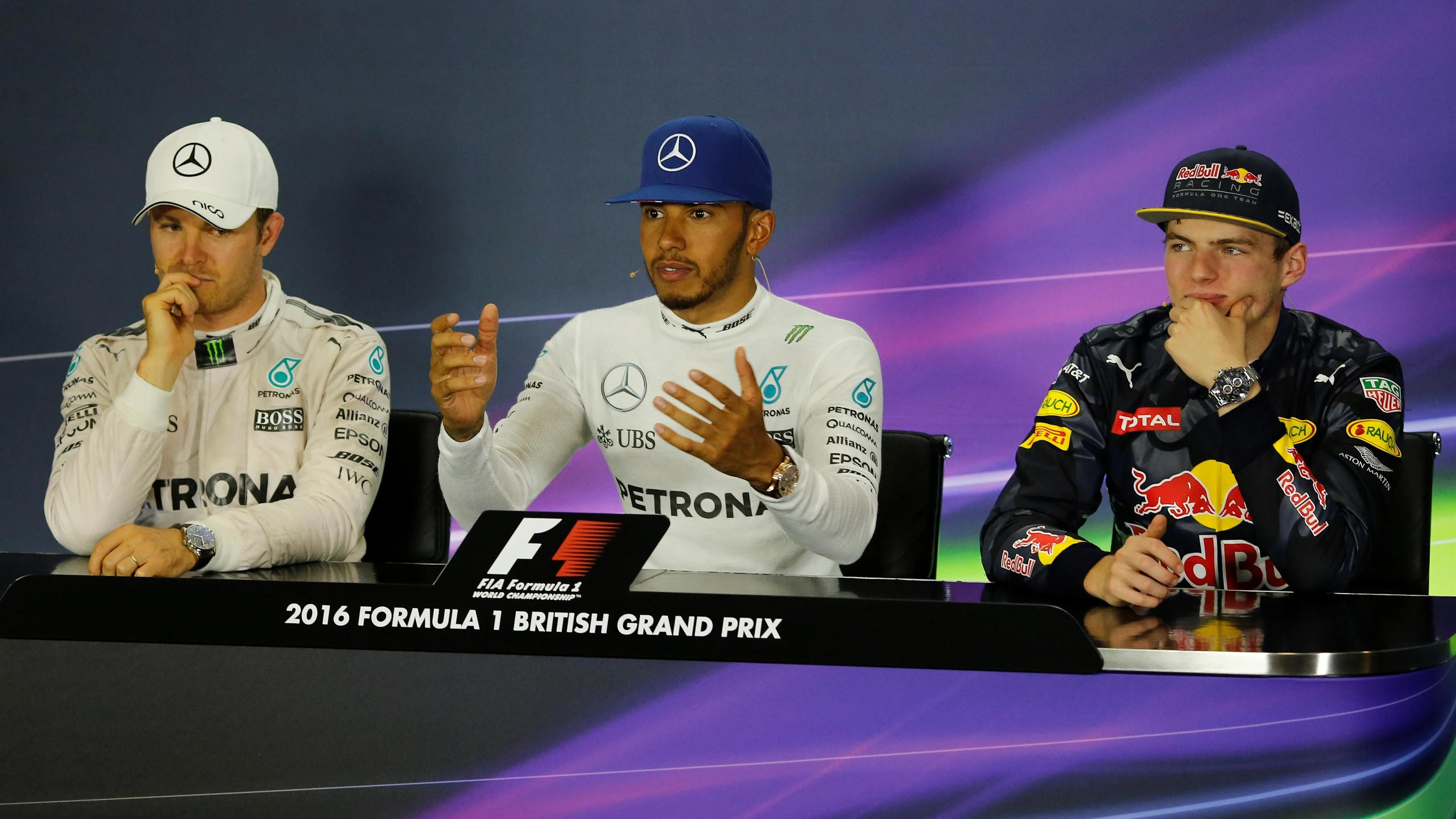 Nico Rosberg (GER) Mercedes AMG F1, Lewis Hamilton (GBR) Mercedes AMG F1 and Max Verstappen (NED)