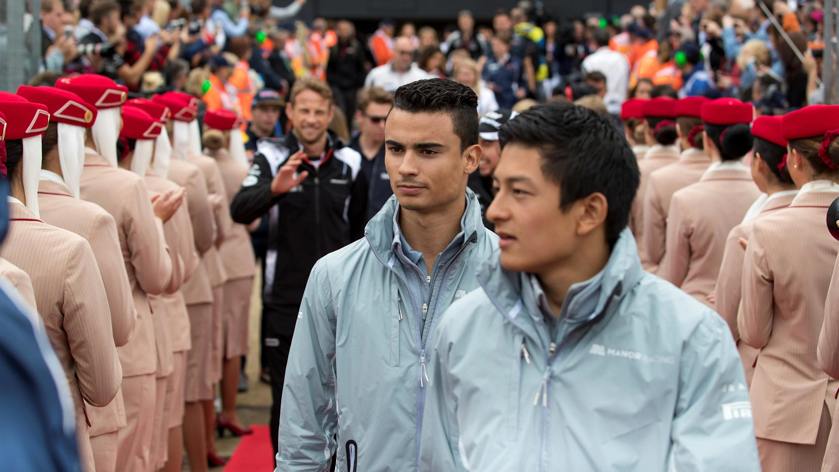 Pascal Wehrlein (GER) Manor Racing and Rio Haryanto (IDN) Manor Racing on the drivers parade at