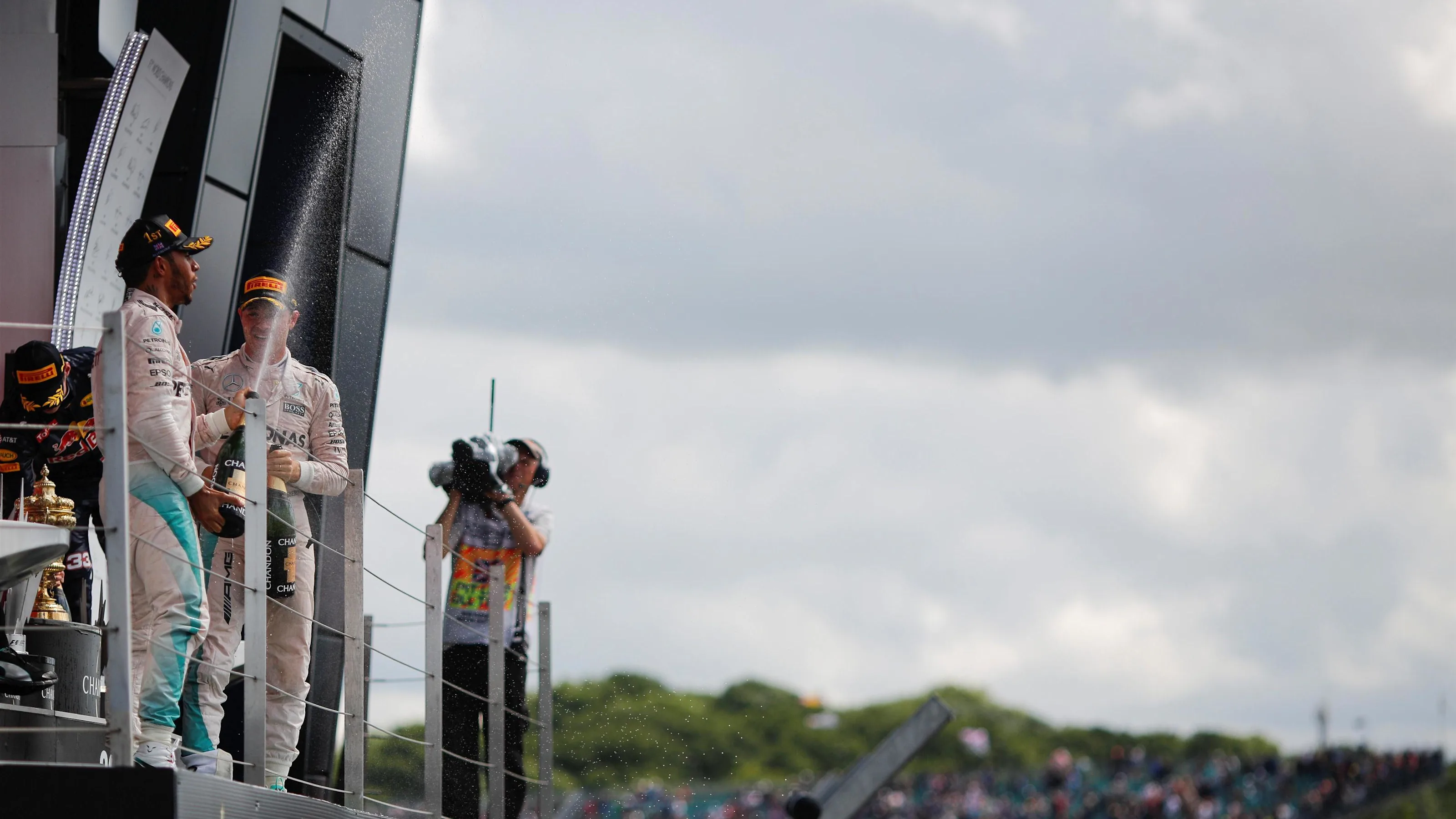 Lewis Hamilton (GBR) Mercedes AMG F1 celebrates on the podium with the champagne at Formula One
