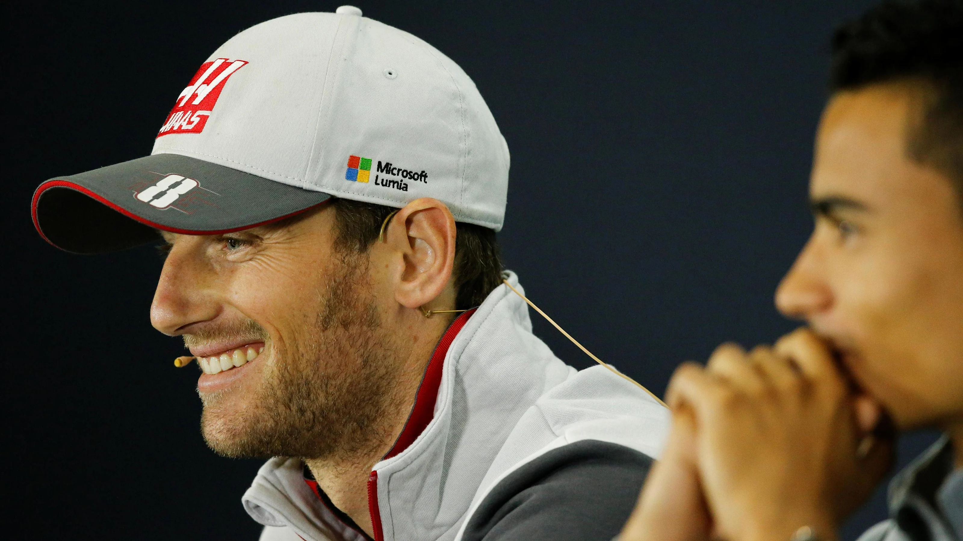 Romain Grosjean (FRA) Haas F1 in the Press Conference at Formula One World Championship, Rd10,