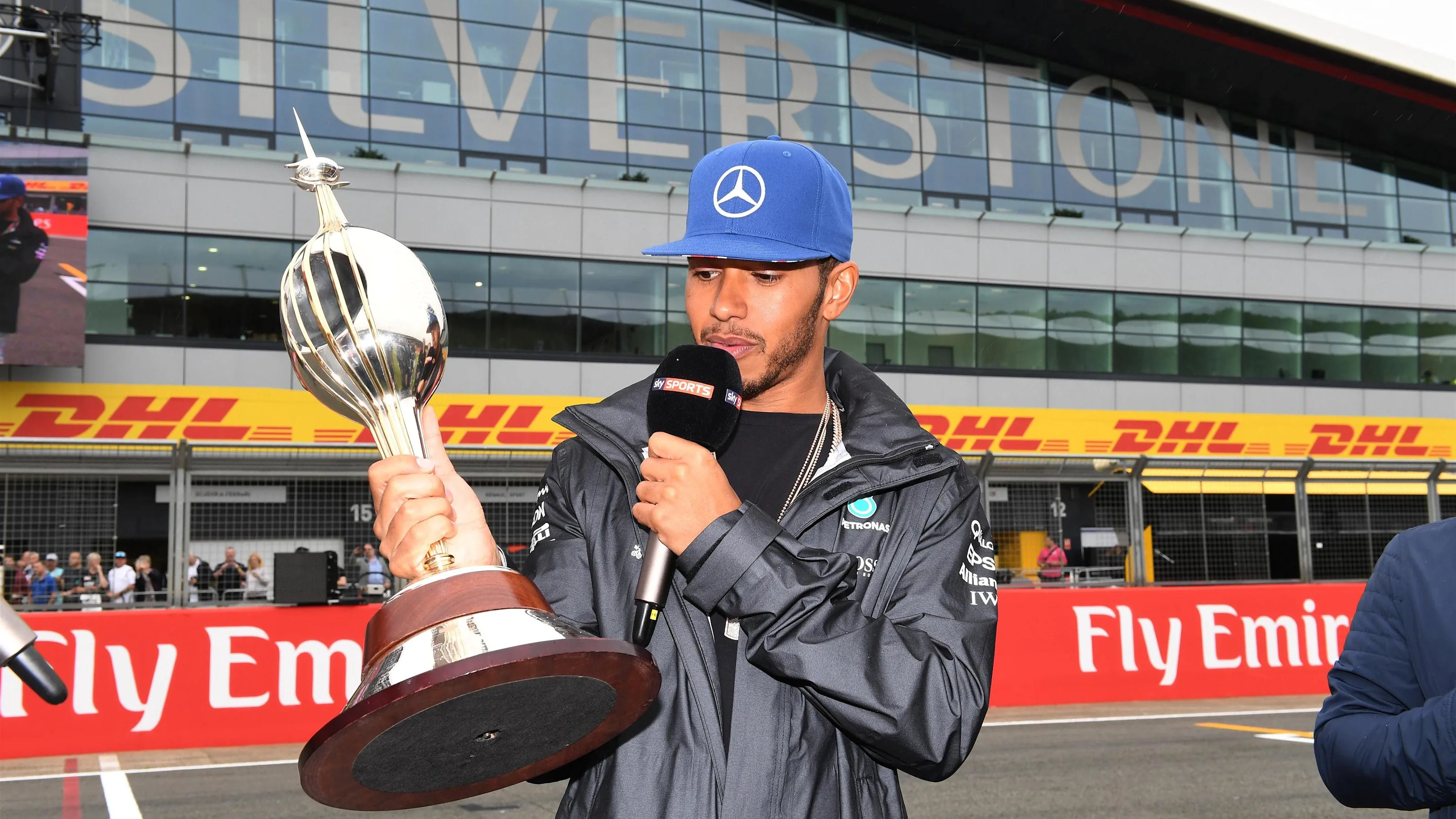 Lewis Hamilton (GBR) Mercedes AMG F1 with the Hawthron Memorial Trophy at Formula One World
