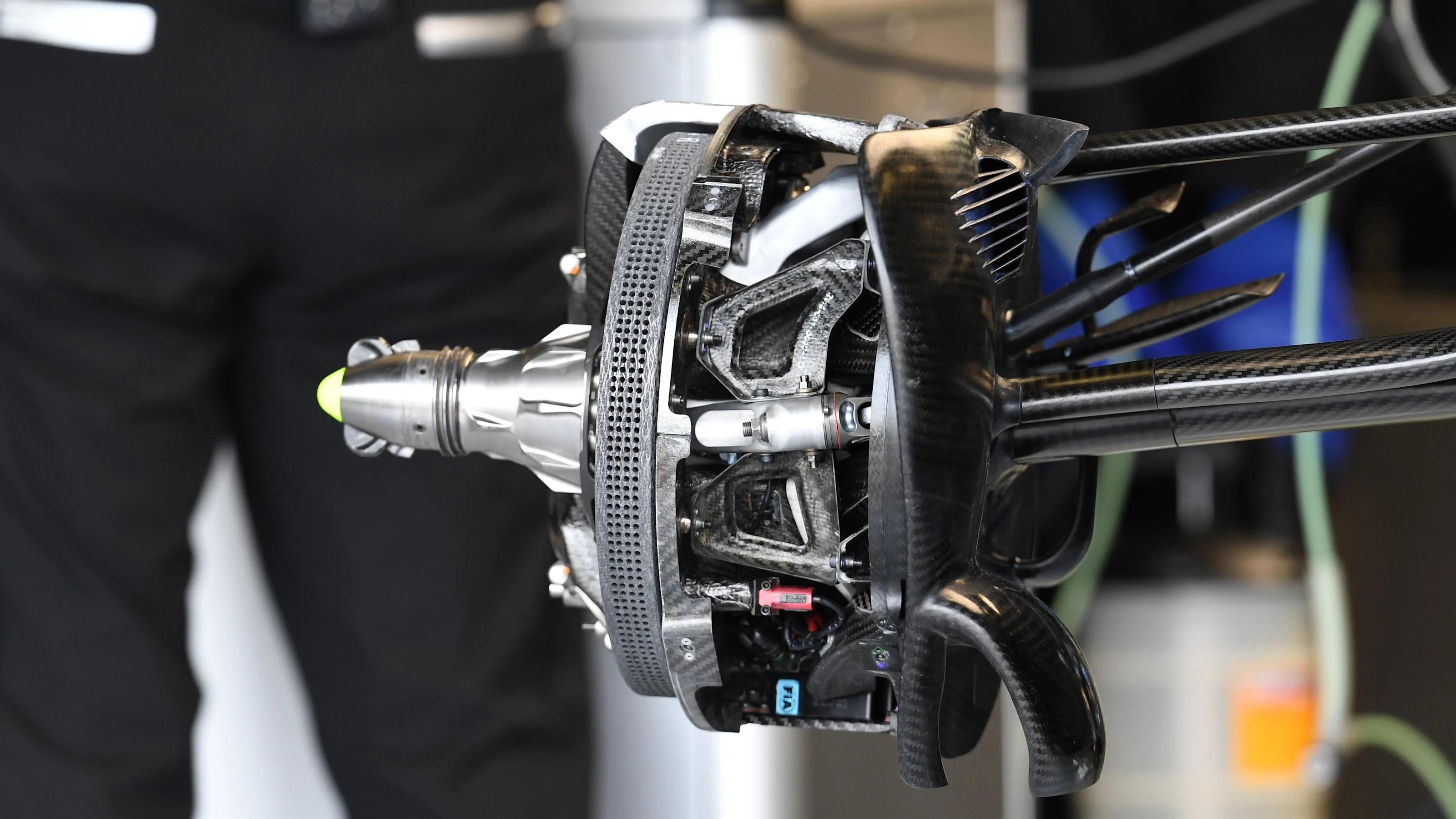 Mercedes-Benz F1 W07 Hybrid front brake and wheel hub detail at Formula One World Championship,