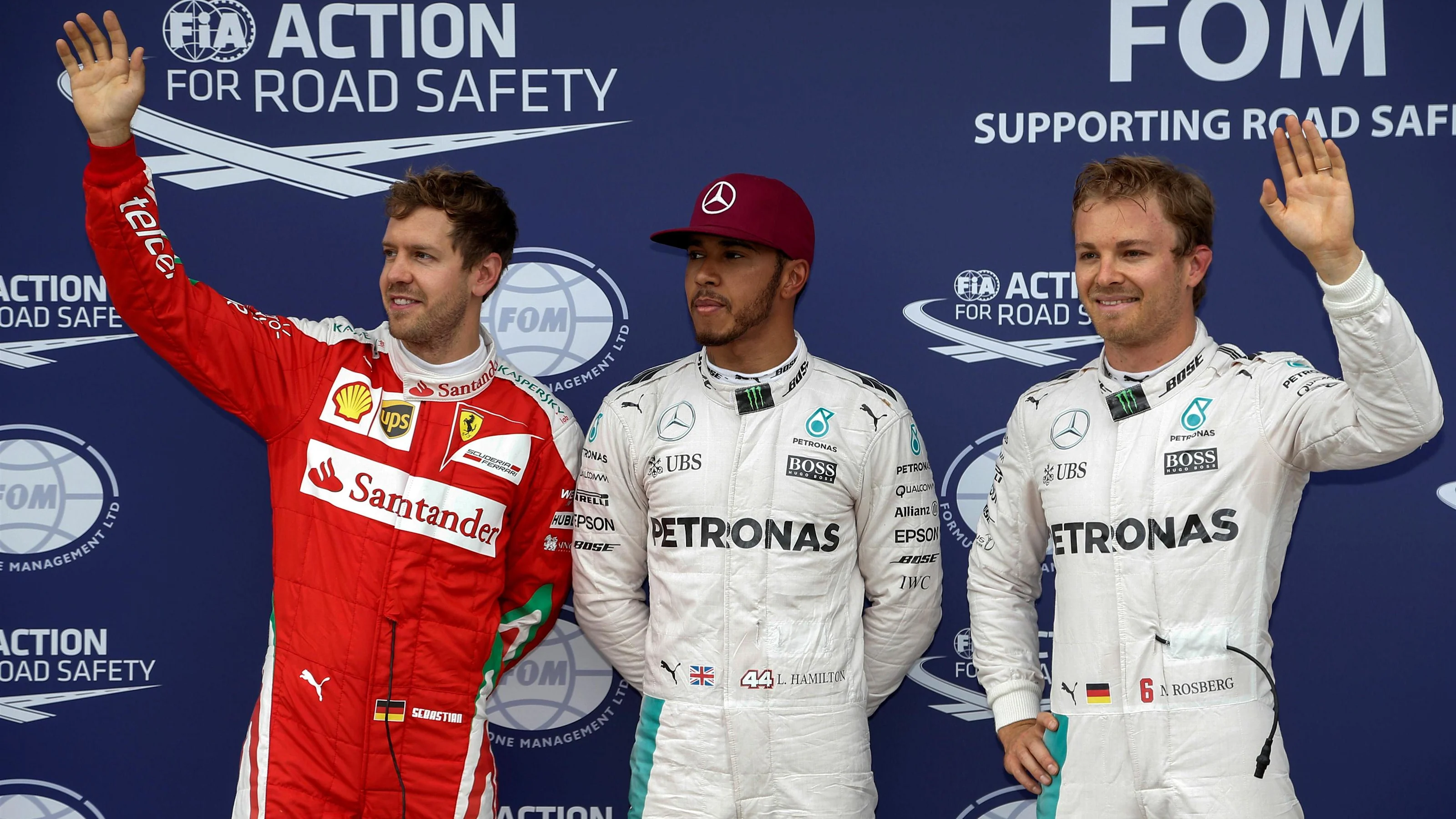 (L to R): Sebastian Vettel (GER) Ferrari, pole sitter Lewis Hamilton (GBR) Mercedes AMG F1 and Nico