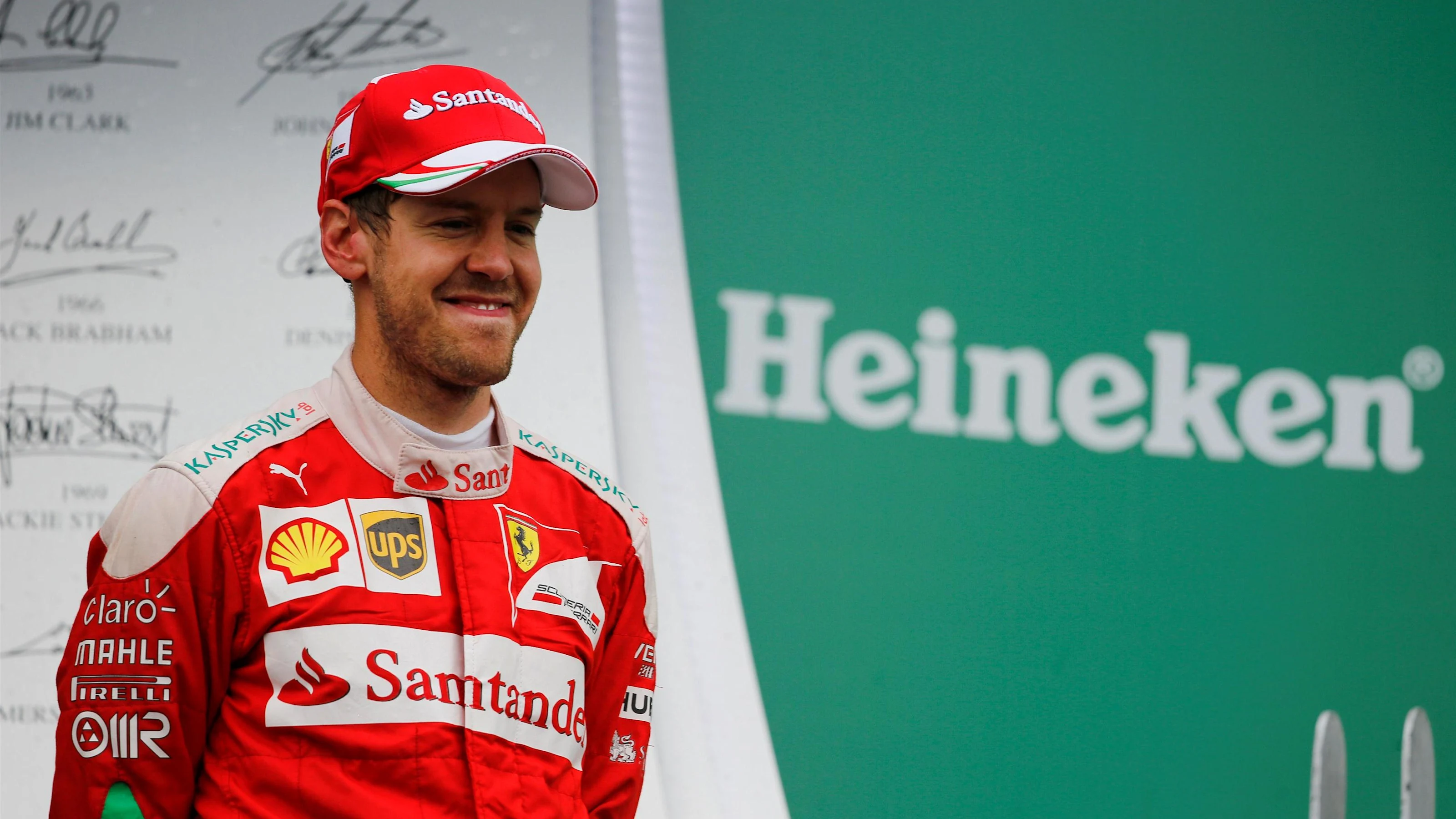 Sebastian Vettel (GER) Ferrari celebrates on the podium at Formula One World Championship, Rd7,