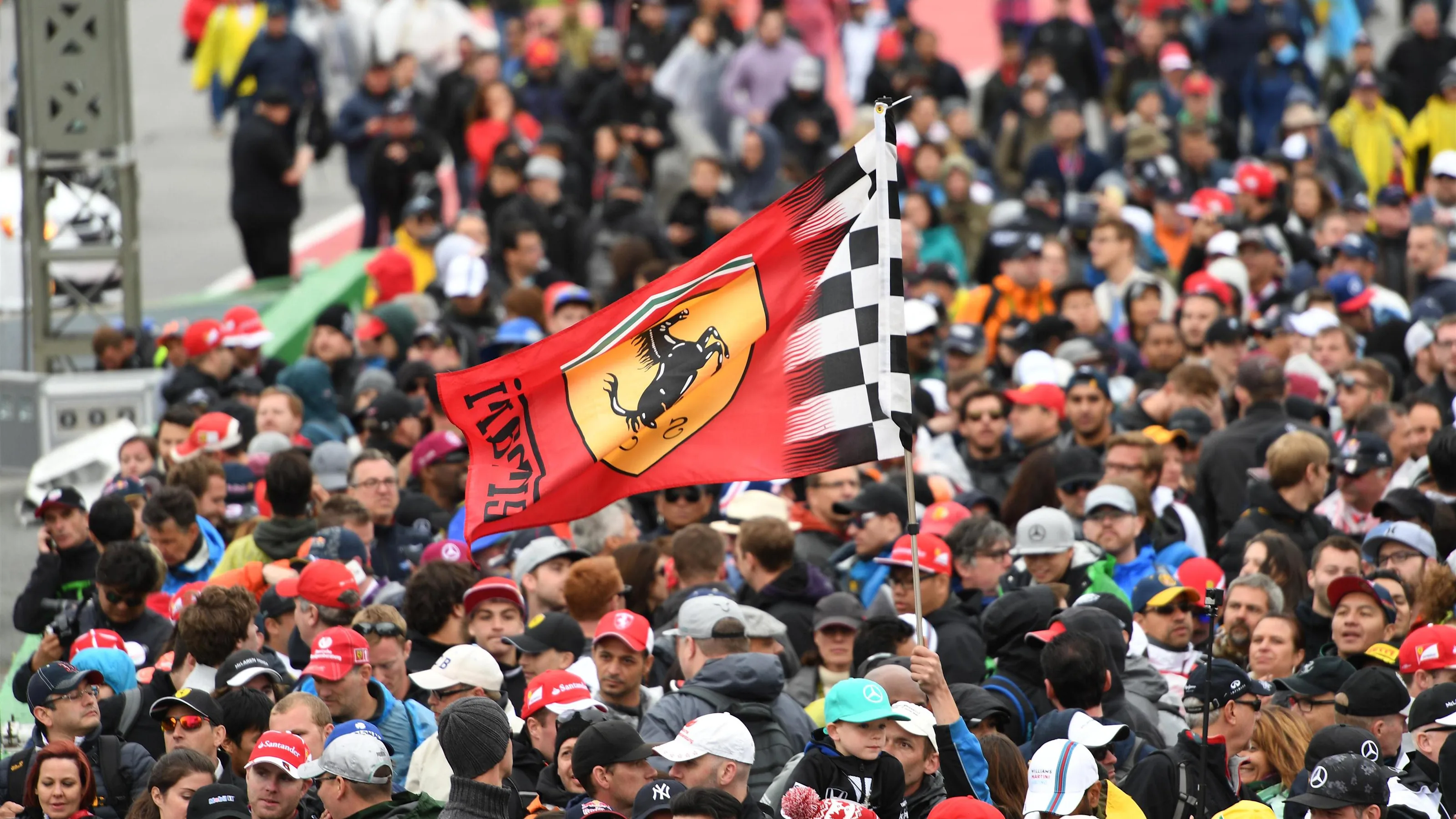 Fans and Ferrari flag at Formula One World Championship, Rd7, Canadian Grand Prix, Race, Montreal,