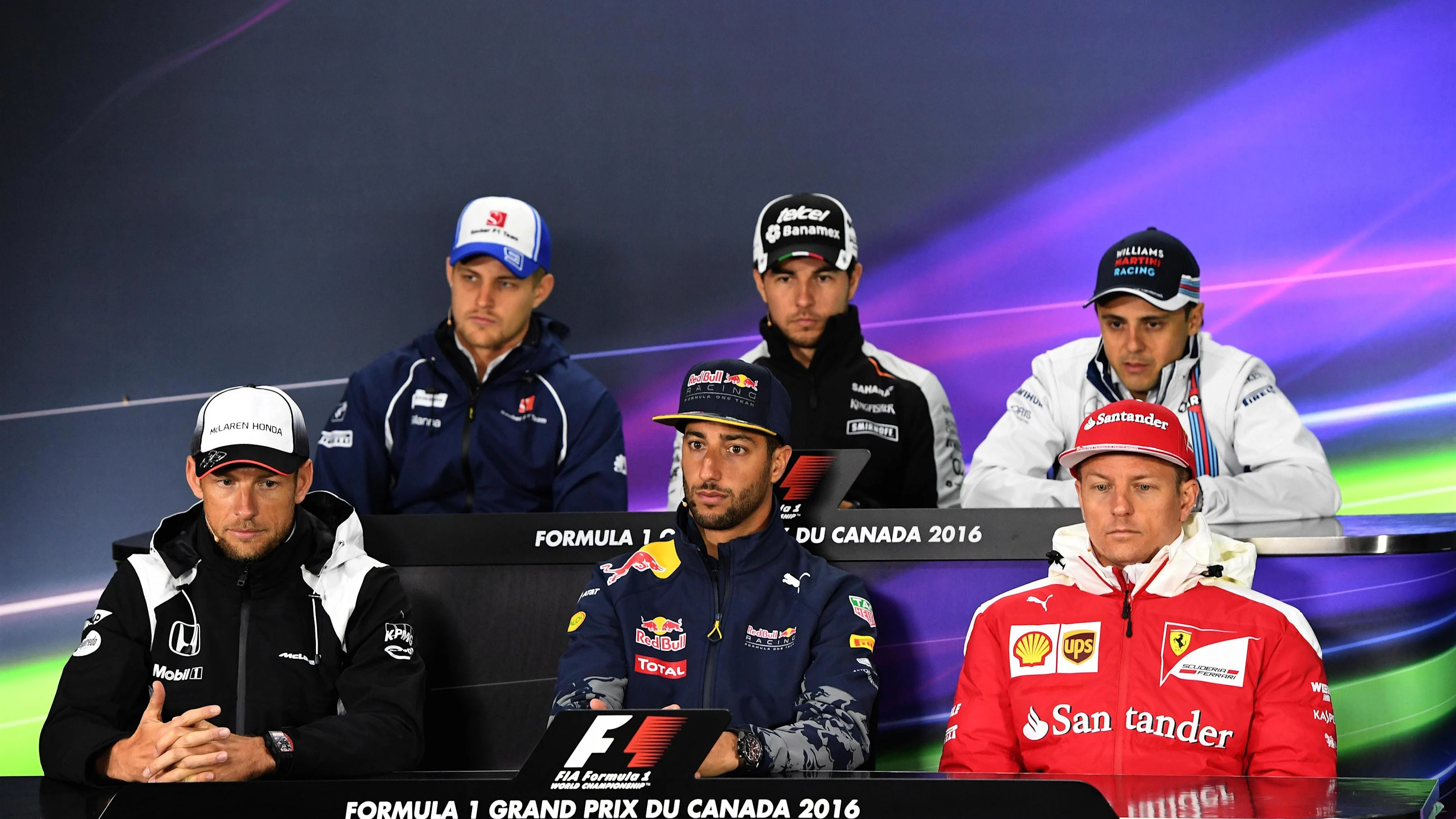 (L to R): Jenson Button (GBR) McLaren, Marcus Ericsson (SWE) Sauber, Daniel Ricciardo (AUS) Red