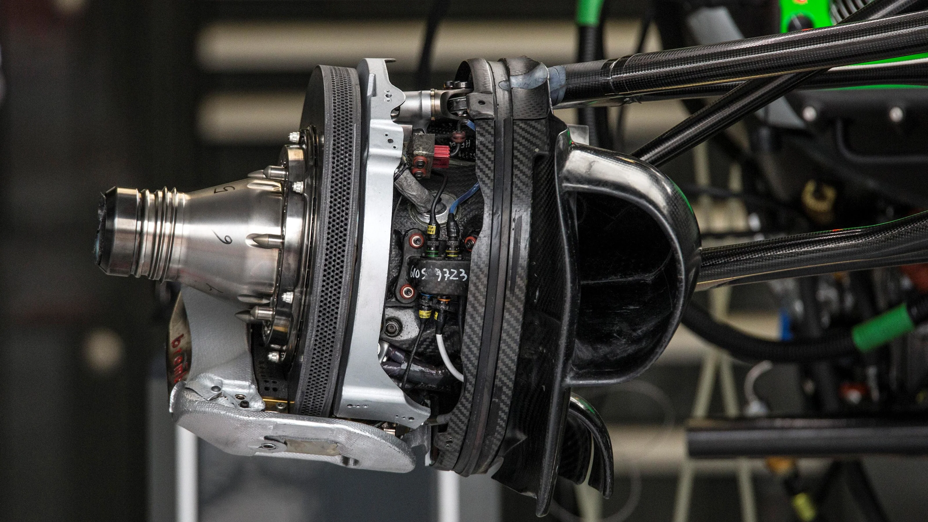 Haas VF-16 Brake and front wheel hub detail at Formula One World Championship, Rd7, Canadian Grand