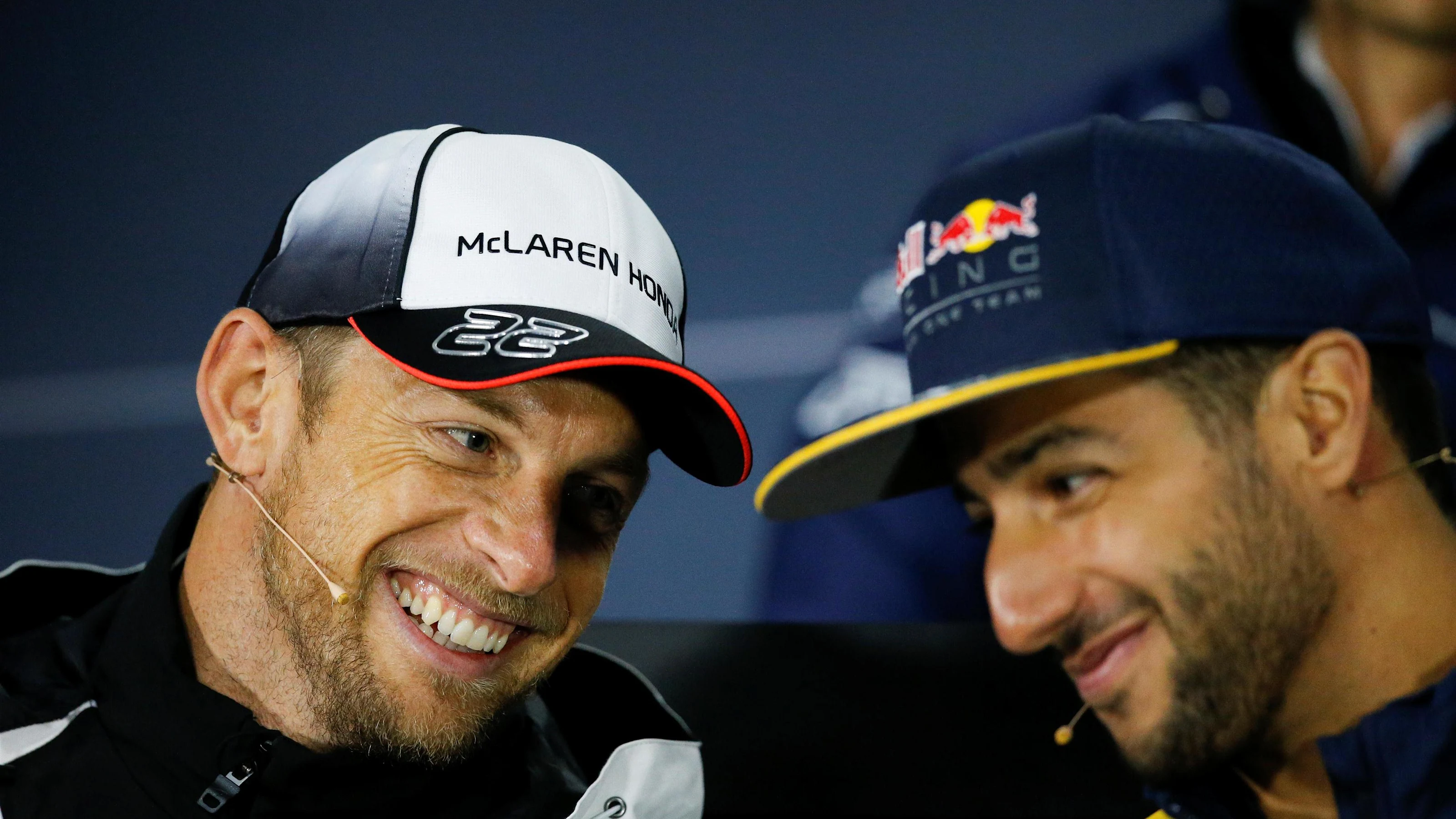 Jenson Button (GBR) McLaren and Daniel Ricciardo (AUS) Red Bull Racing in the Press Conference at