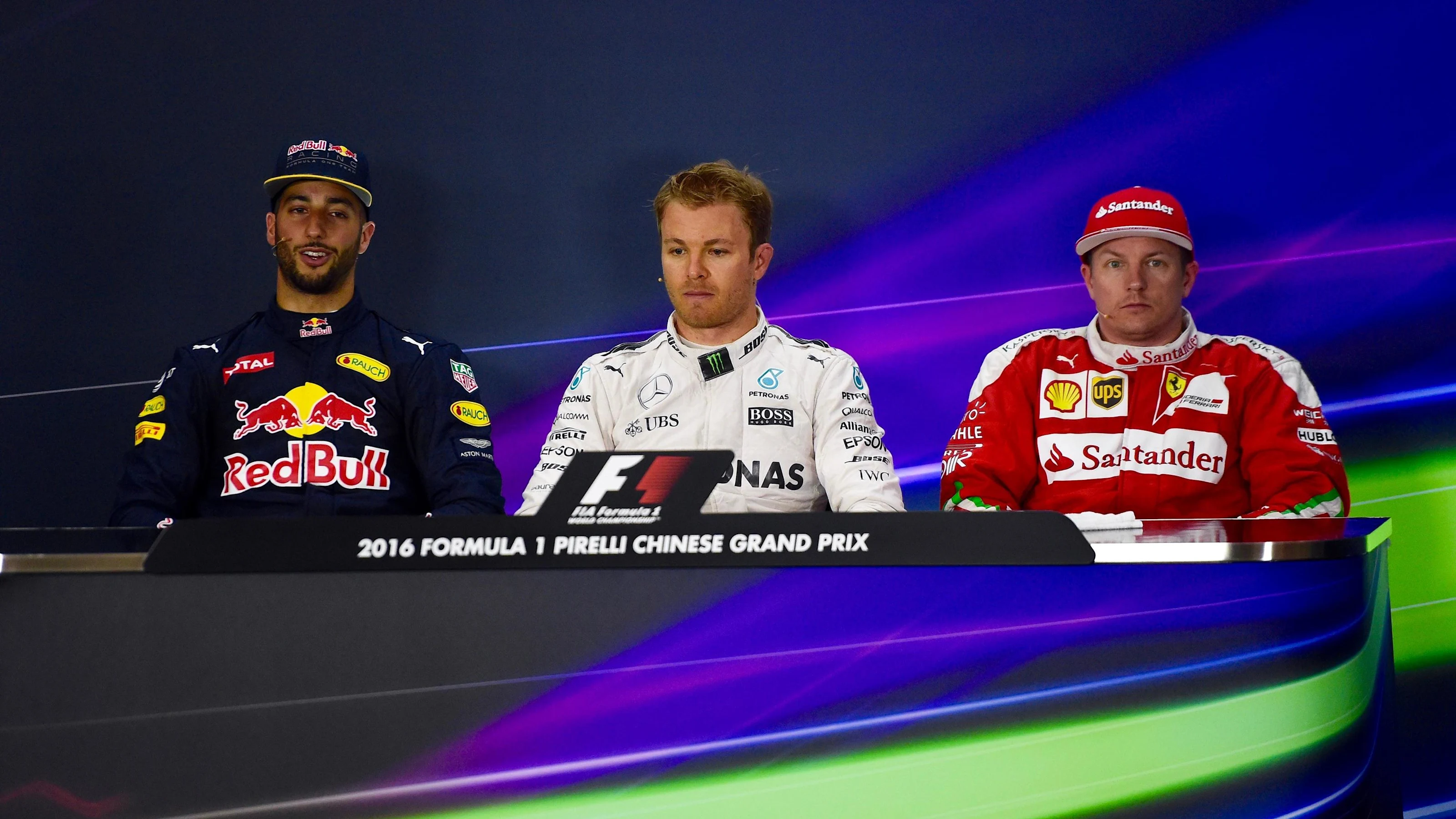 (L to R): Daniel Ricciardo (AUS) Red Bull Racing, Nico Rosberg (GER) Mercedes AMG F1 and Kimi