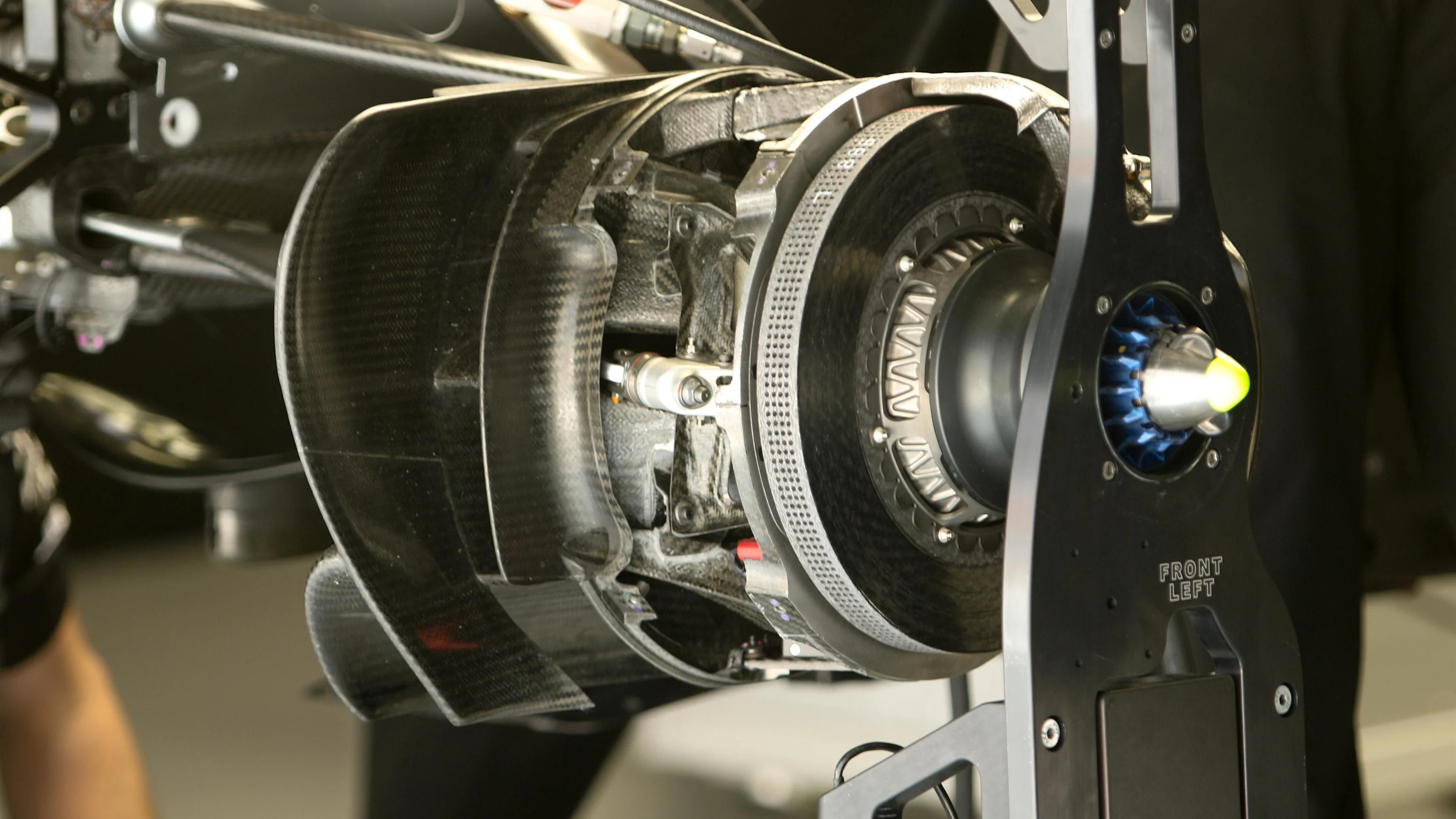 Mercedes-Benz F1 W07 Hybrid front brake and wheel hub detail at Formula One World Championship,