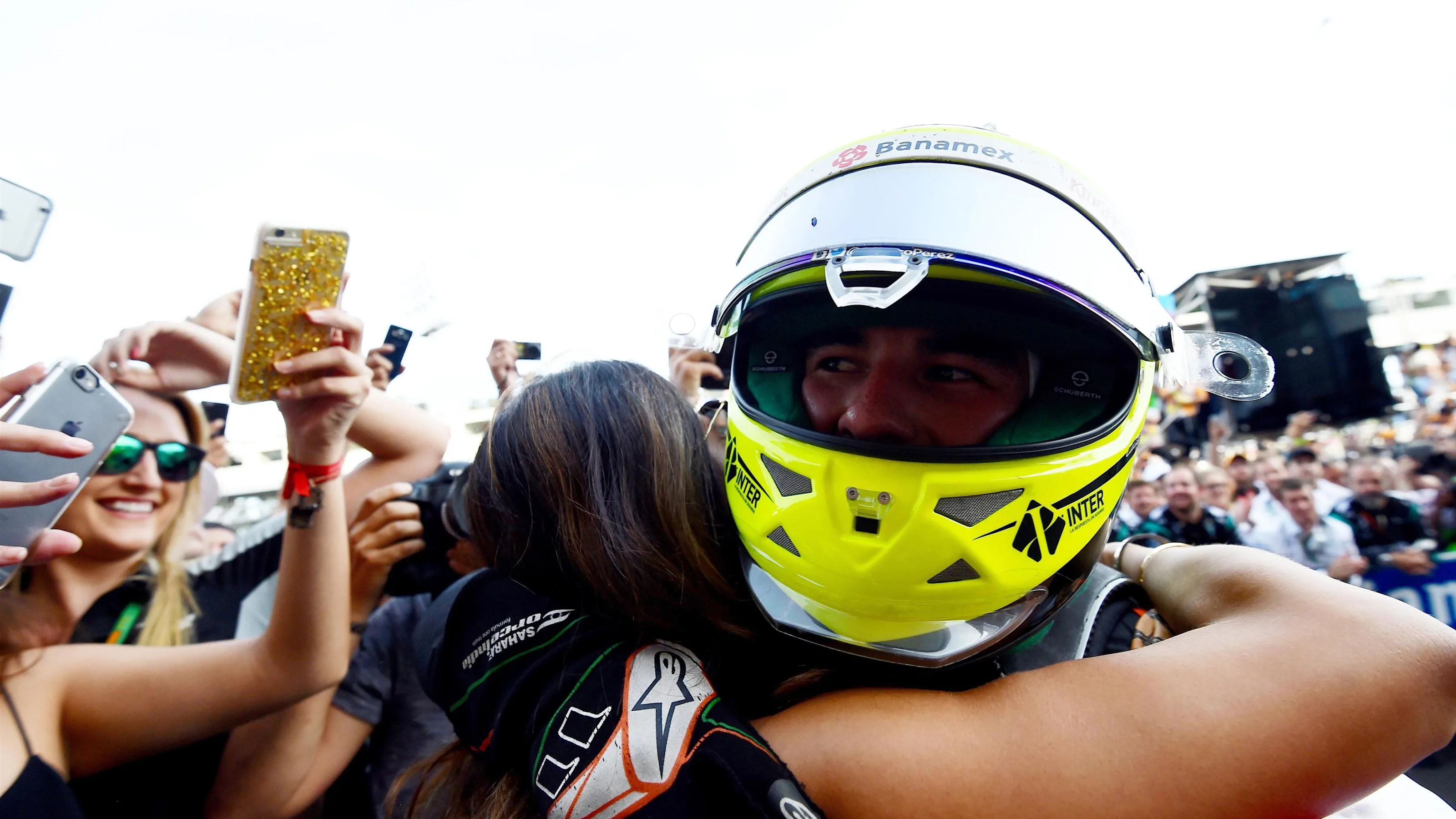 Sergio Perez (MEX) Force India celebrates in parc ferme with the team at Formula One World