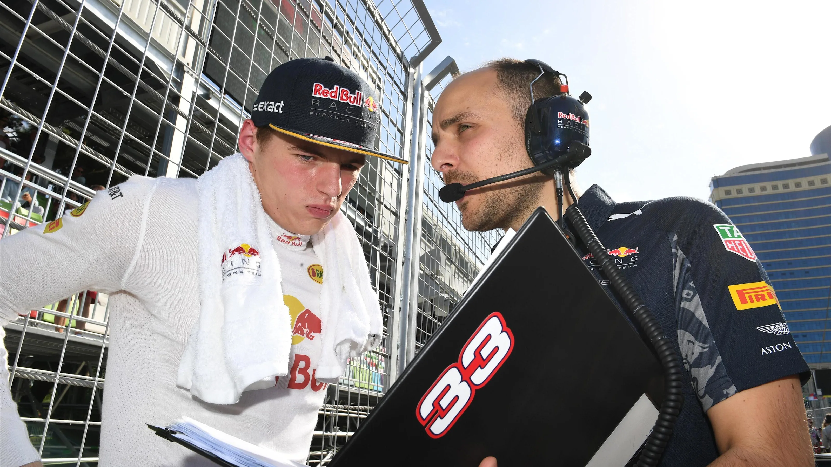 Max Verstappen (NED) Red Bull Racing on the grid with Gianpiero Lambiase (ITA) Red Bull Racing Race