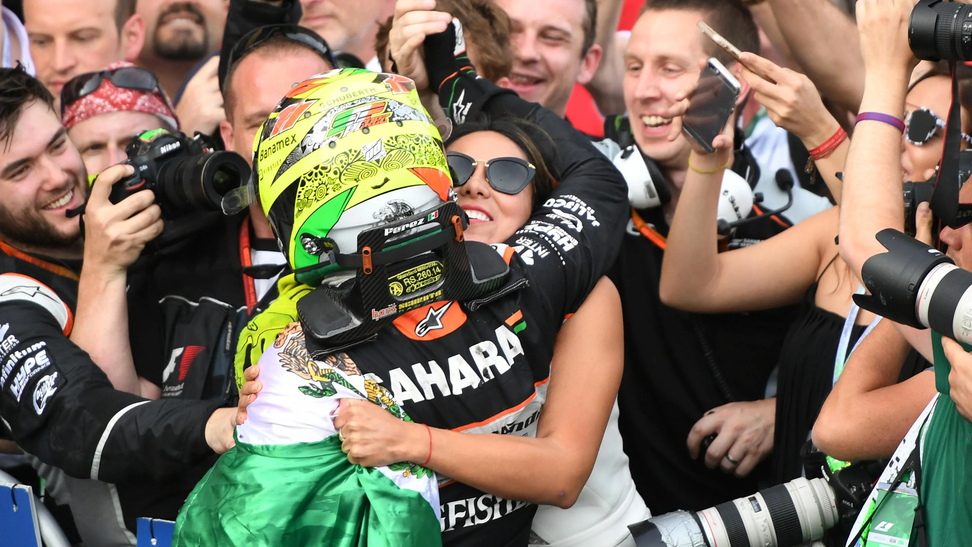 Third placed Sergio Perez (MEX) Force India celebrates in parc ferme at Formula One World