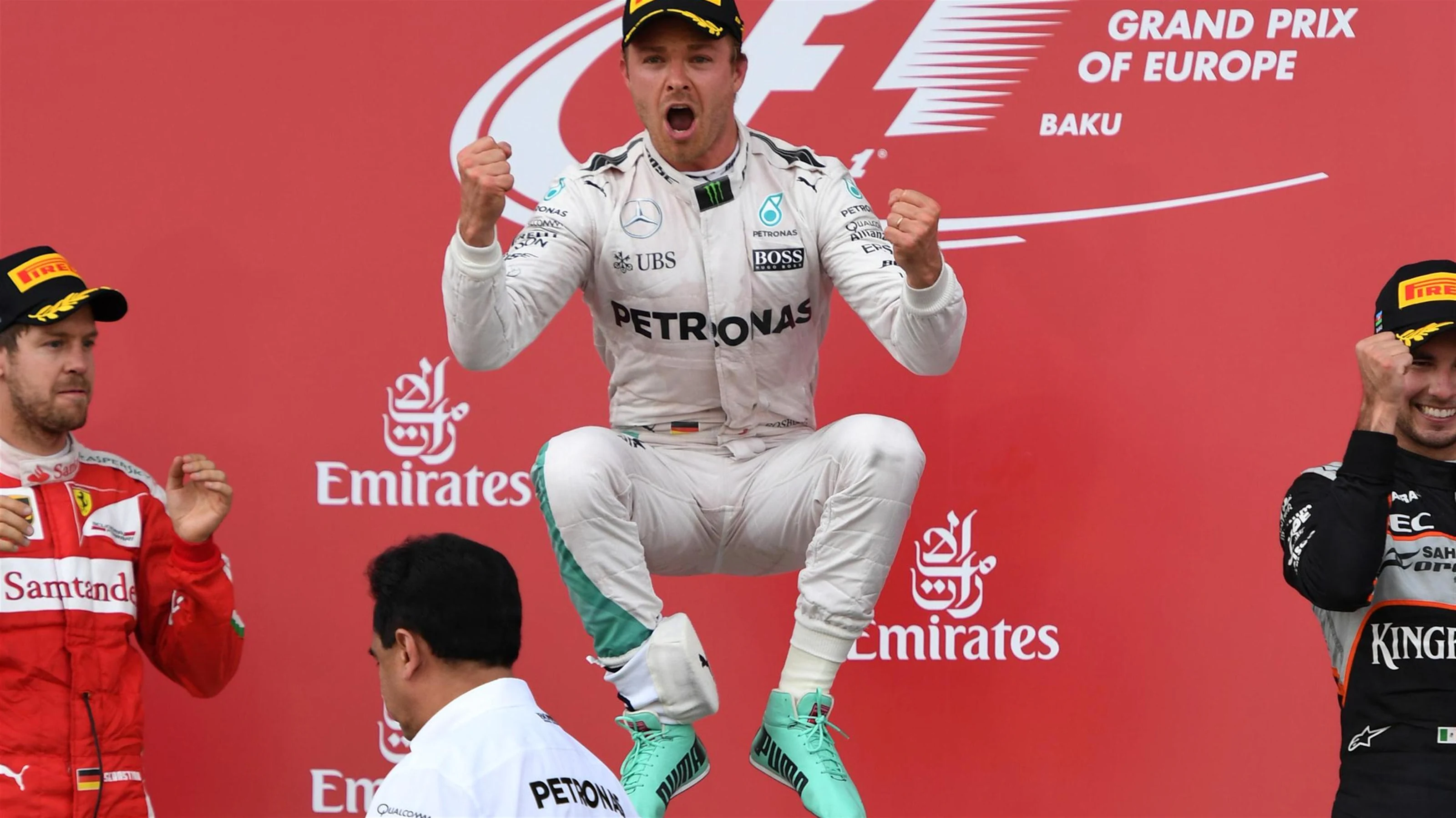 Race winner Nico Rosberg (GER) Mercedes AMG F1 celebrates on the podium on the podium at Formula
