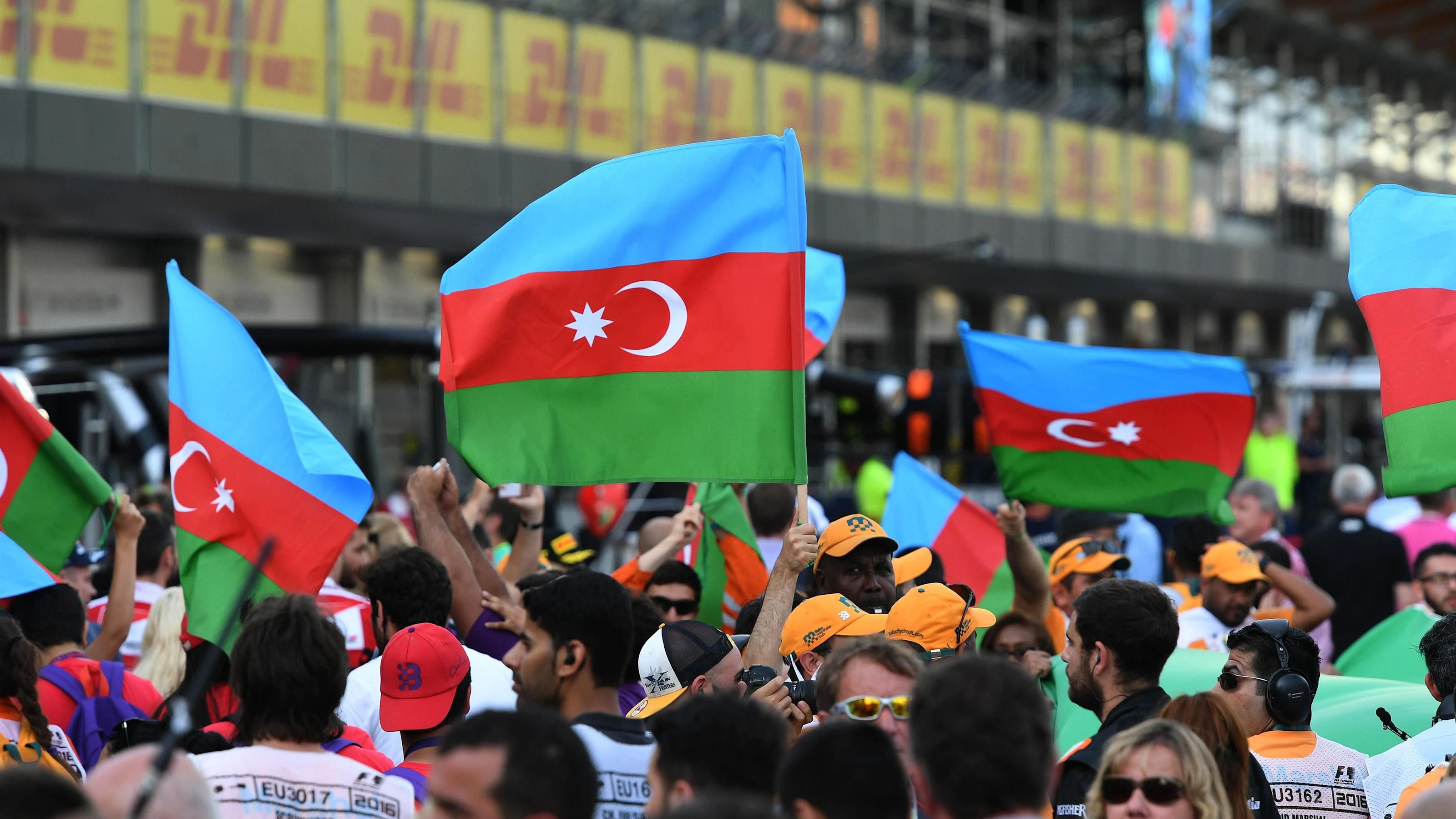 Fans and flags at Formula One World Championship, Rd8, European Grand Prix, Race, Baku City