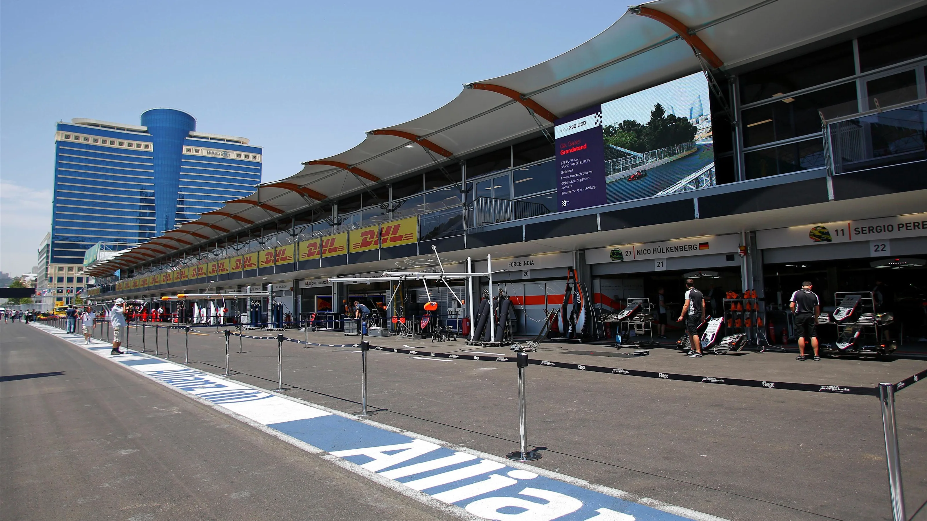 Pit lane at Formula One World Championship, Rd8, European Grand Prix, Preparations, Baku City