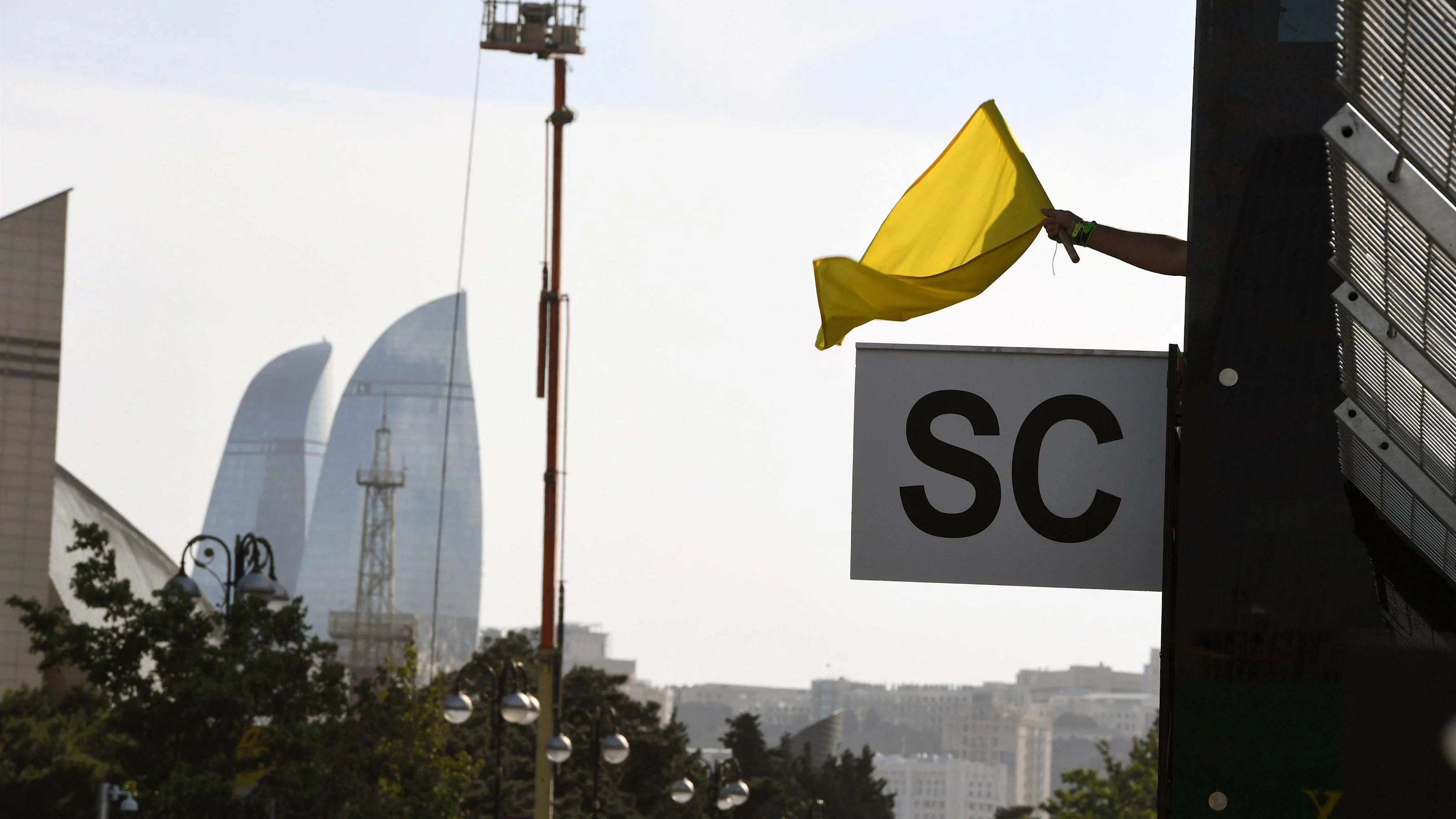 Yellow flag and safety car board at Formula One World Championship, Rd8, European Grand Prix,