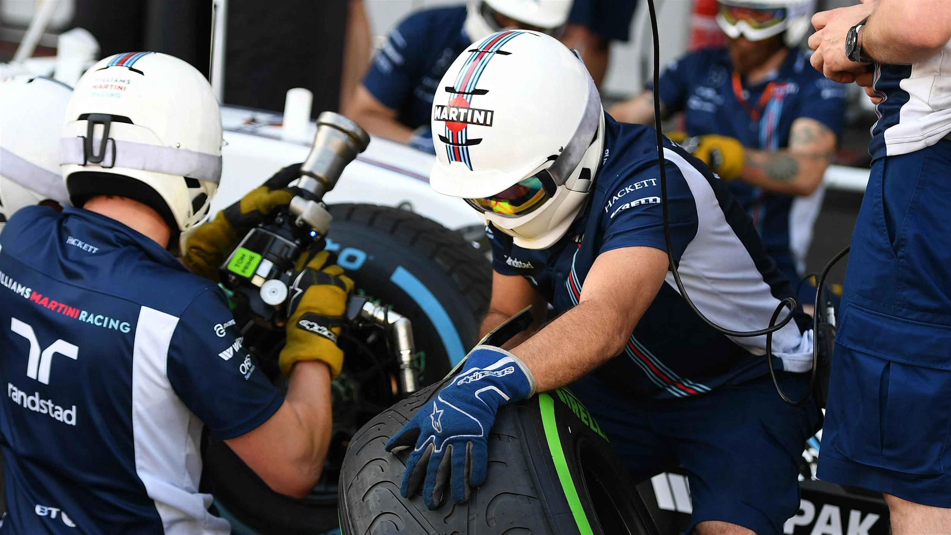 Williams mechanics and Pirelli tyres at Formula One World Championship, Rd8, European Grand Prix,