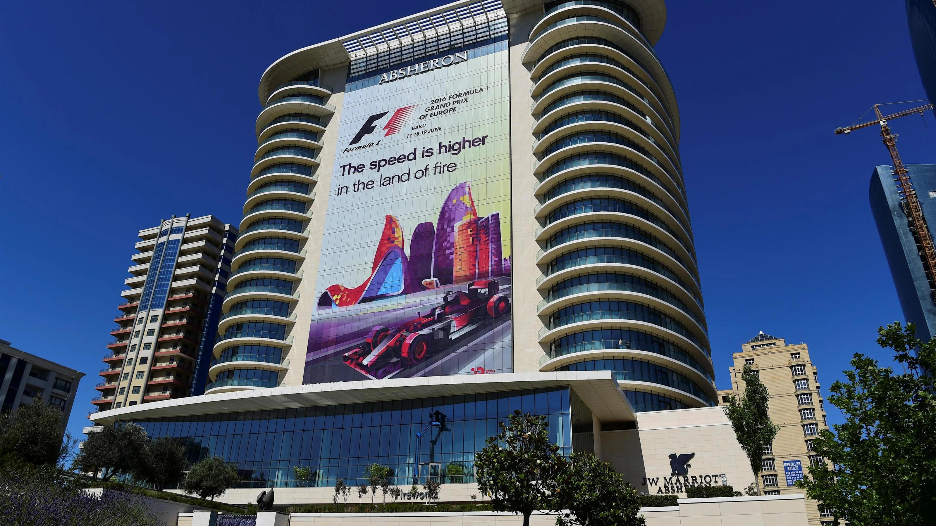 Banner on building at Formula One World Championship, Rd8, European Grand Prix, Preparations, Baku