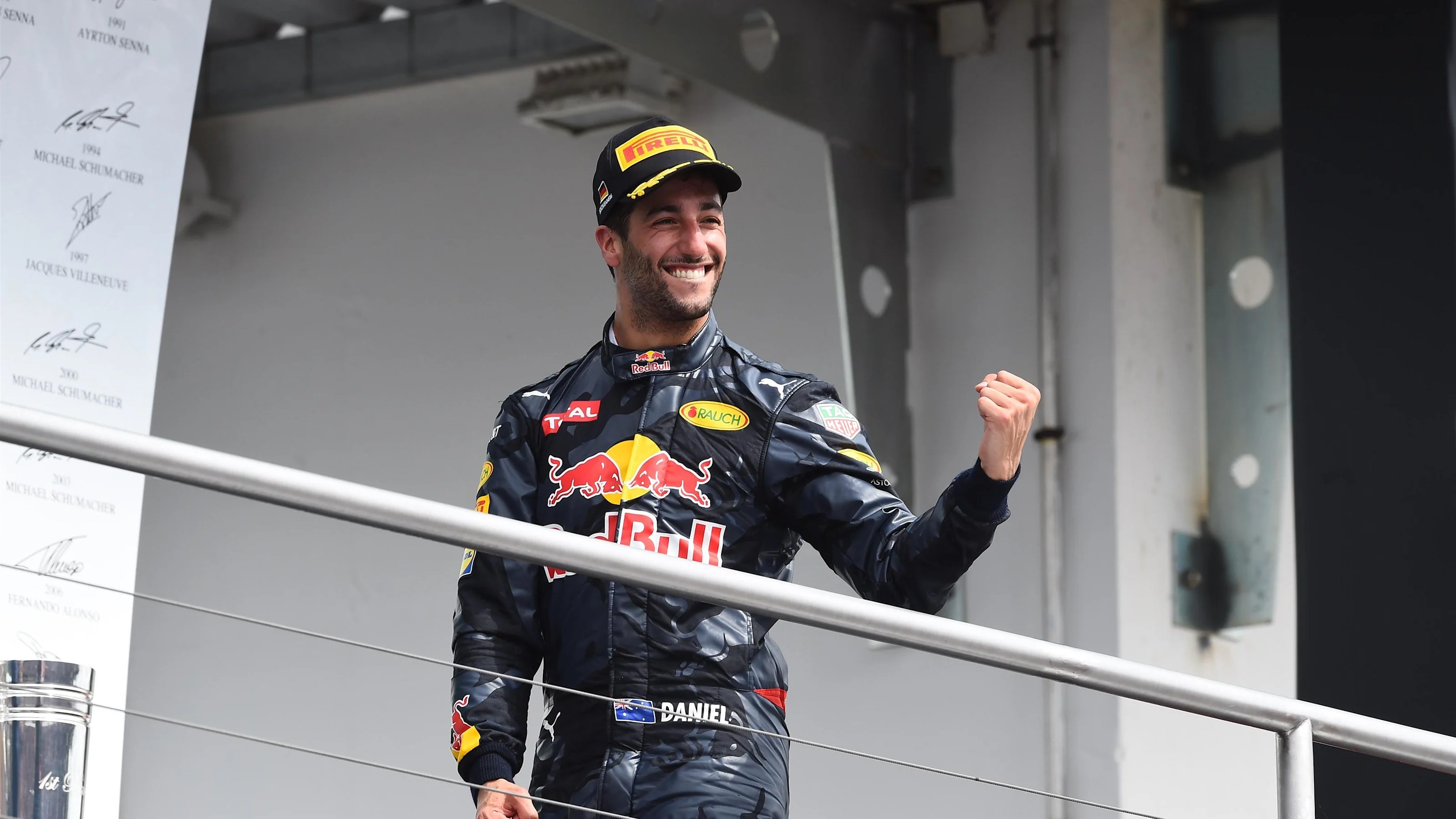 Daniel Ricciardo (AUS) Red Bull Racing celebrates on the podium at Formula One World Championship,