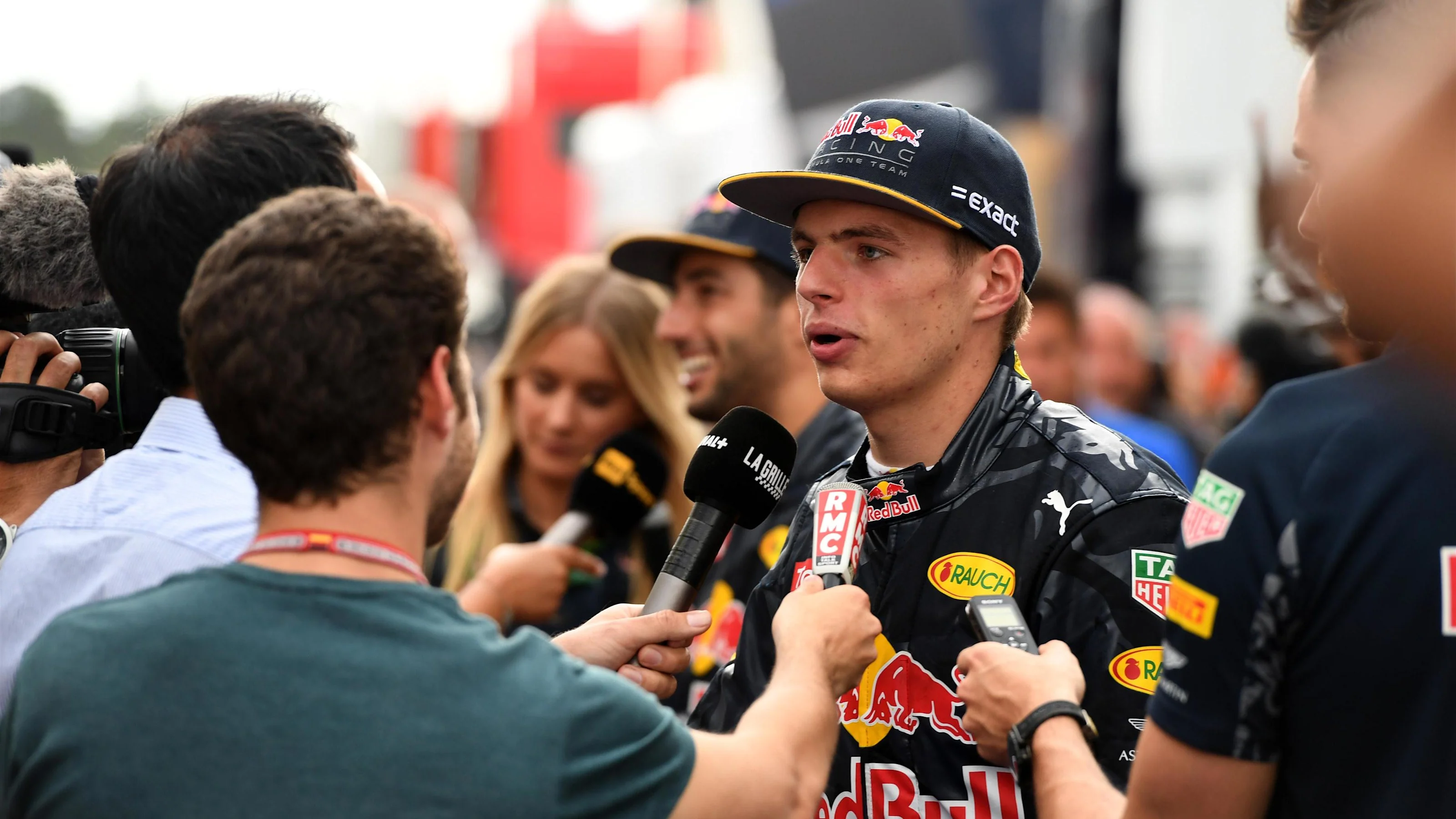 Max Verstappen (NED) Red Bull Racing talks with the media at Formula One World Championship, Rd12,