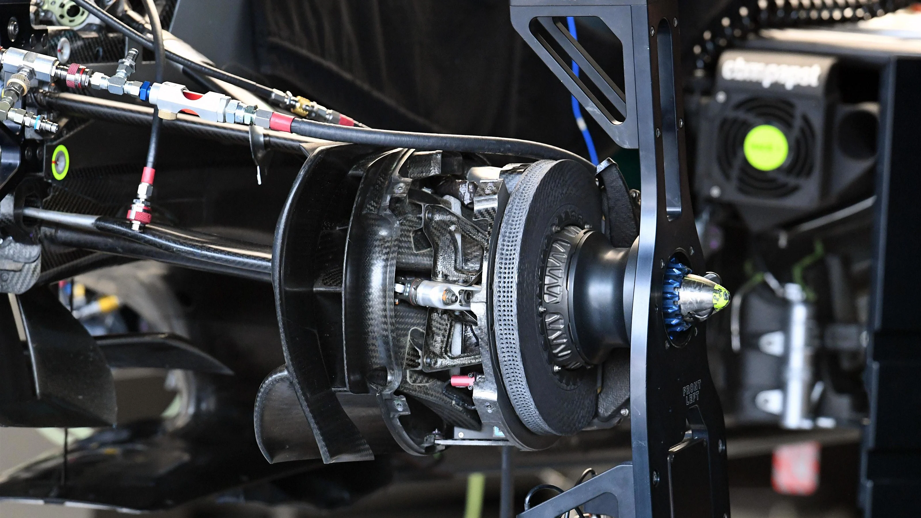 Mercedes-Benz F1 W07 Hybrid front brake and wheel hub detail at Formula One World Championship,