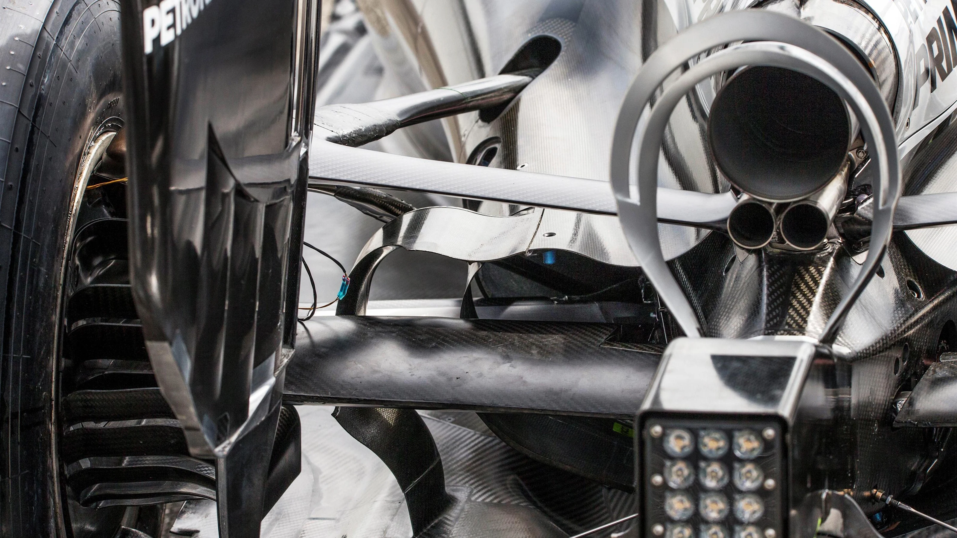 Mercedes-Benz F1 W07 Hybrid rear suspension and rear wing detail at Formula One World Championship,