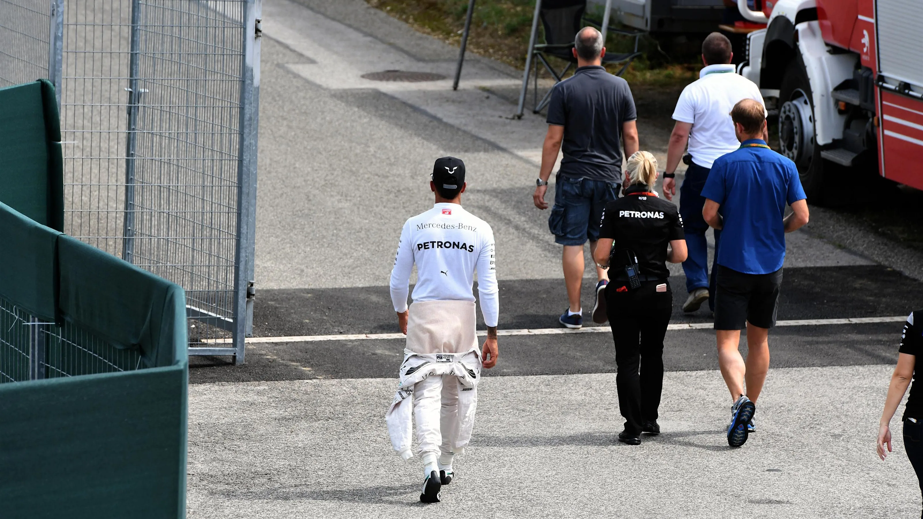 Lewis Hamilton (GBR) Mercedes AMG F1 returns from the Medical Centre following his crash in FP2 at